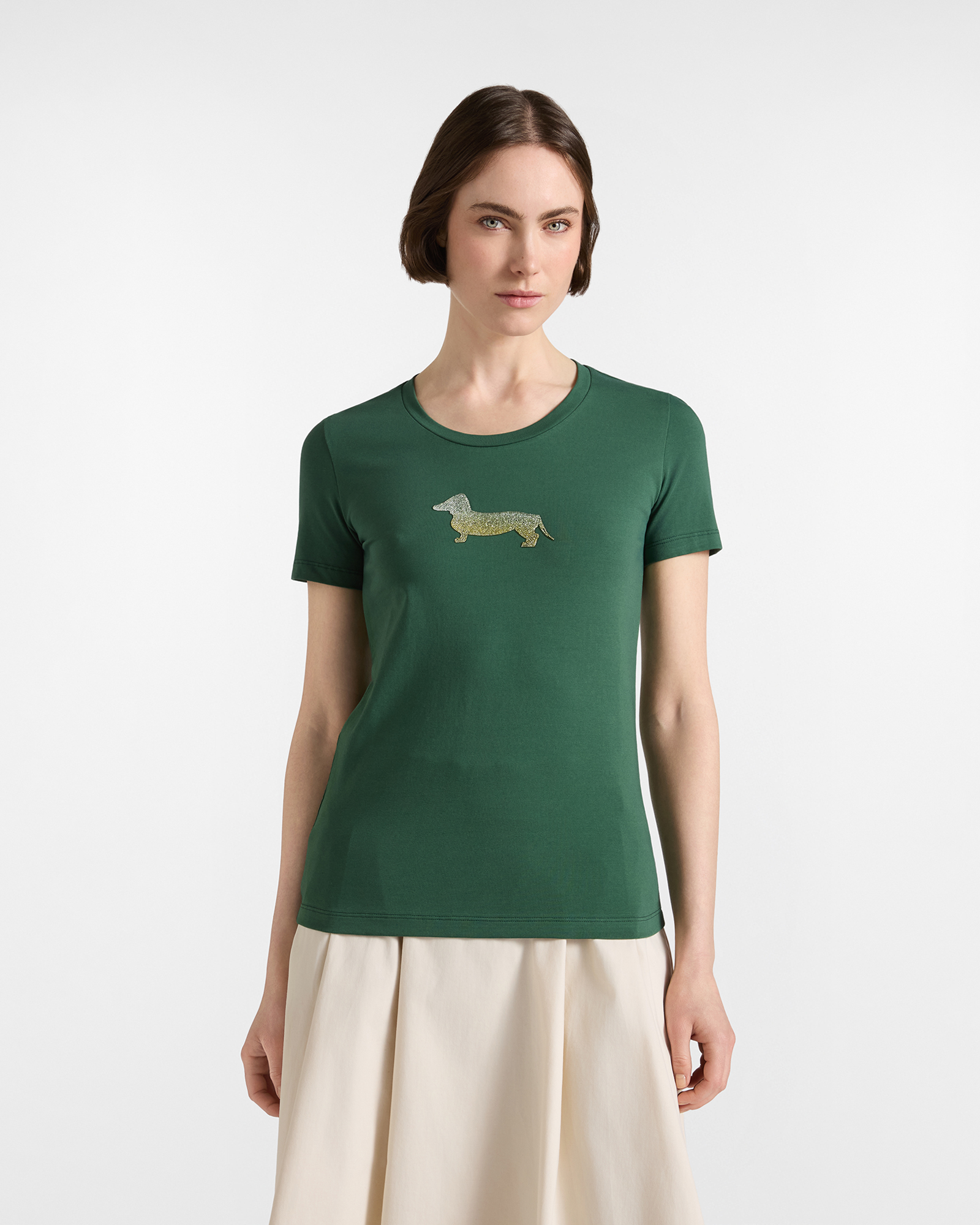 T-shirt Donna in cotone stretch verde con Maxi Bassotto Glitter