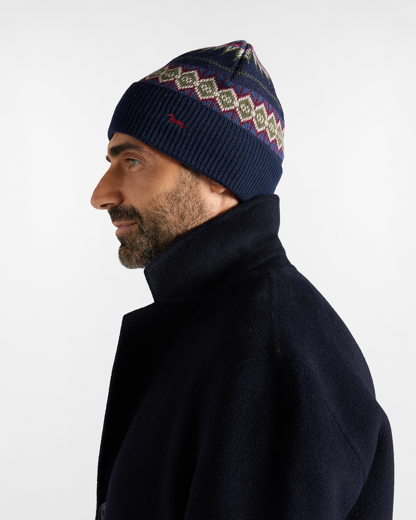 Beanie Uomo zuccotto fair isle in misto lana e cashmere blu navy