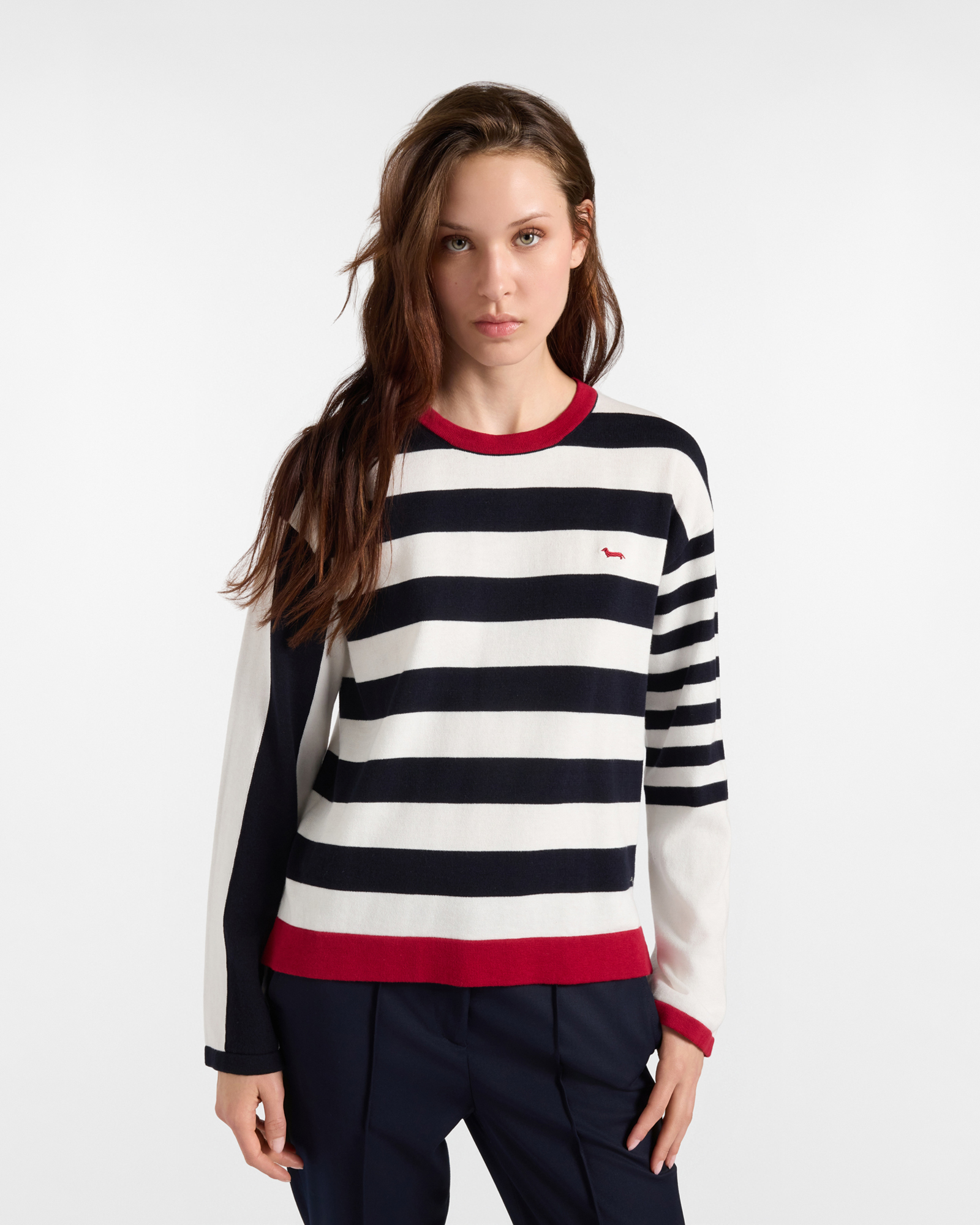 Maglia Donna a Righe in Cotone Bianco e Blu con Dettagli a Contrasto