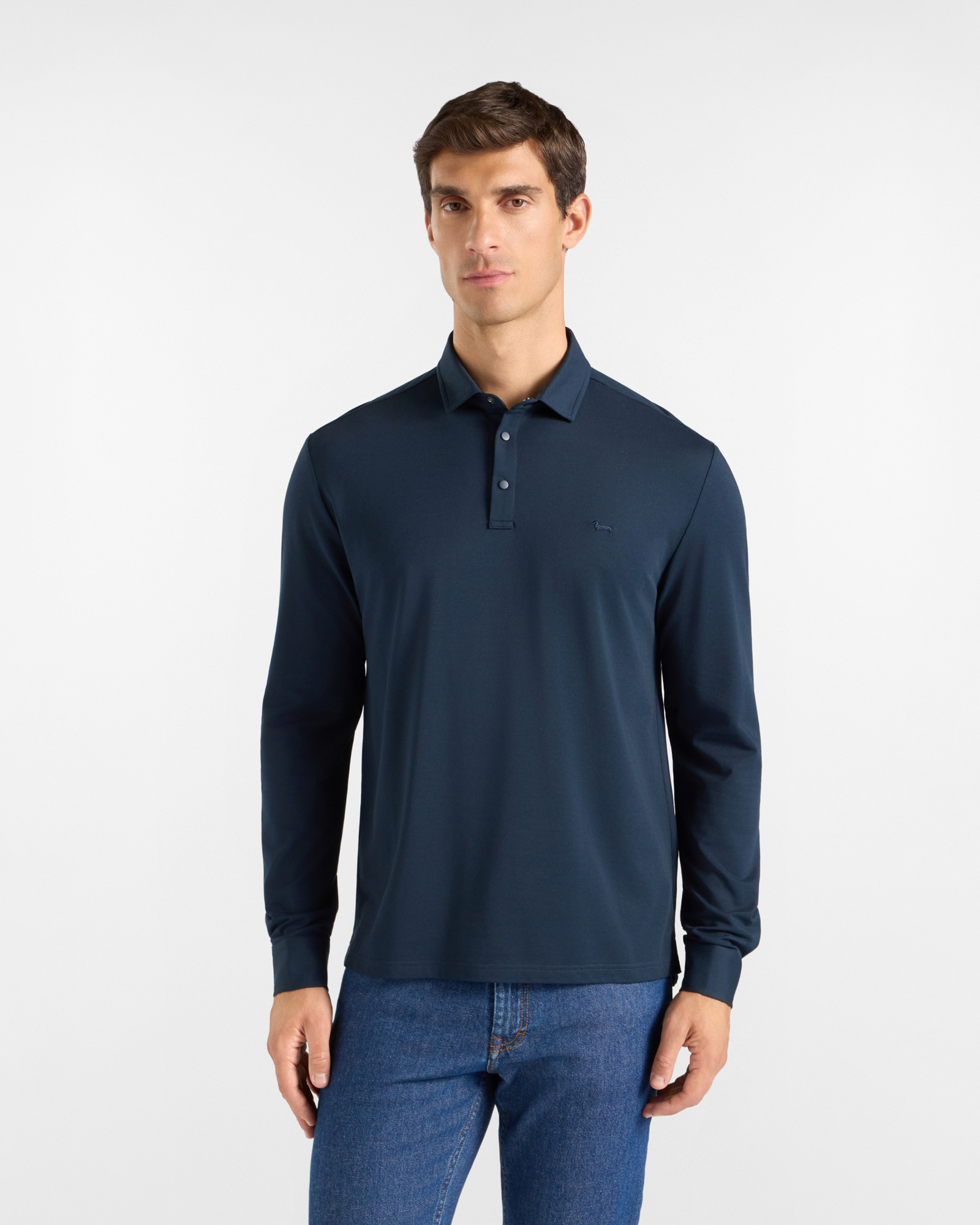 Polo da uomo manica lunga in piquet di cotone stretch blu