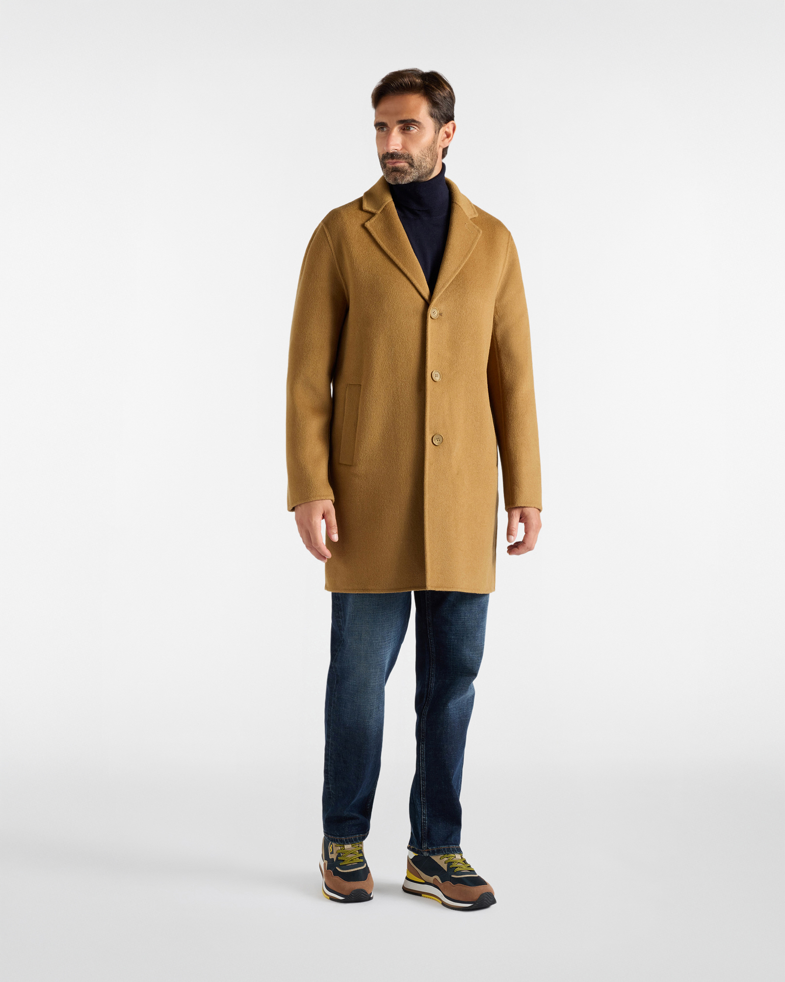 Cappotto da uomo monopetto in pura lana color cammello