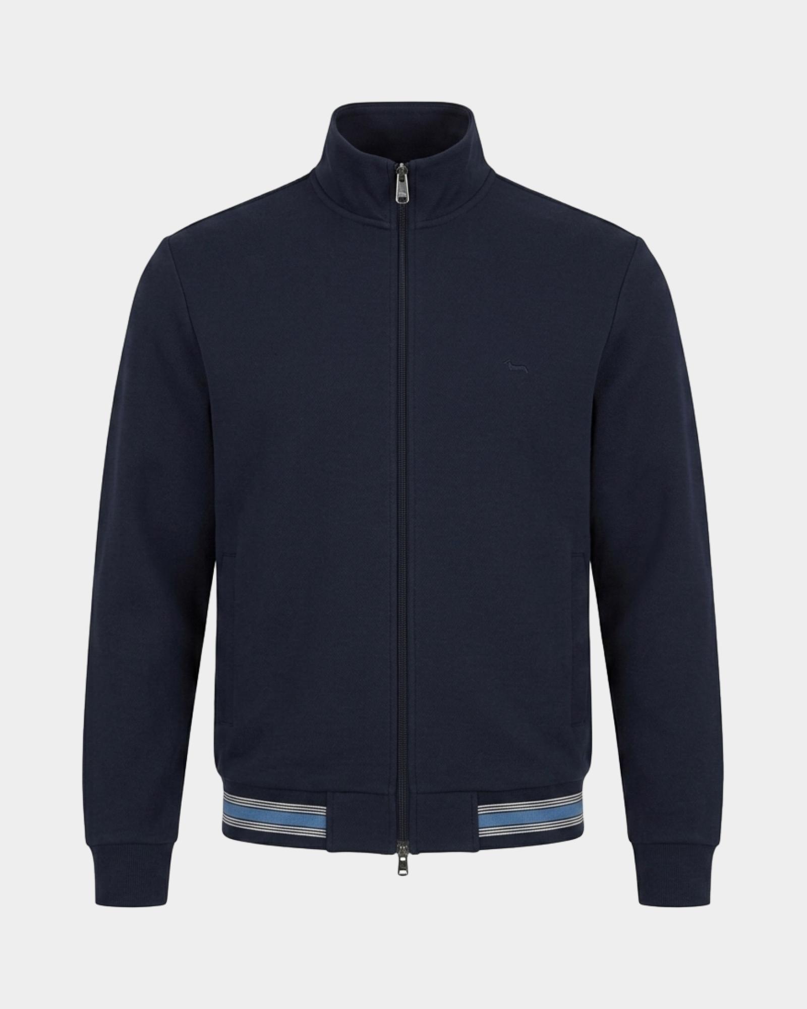 Felpa Uomo full zip in piquet  con finiture rigate, BLU NAVY, large