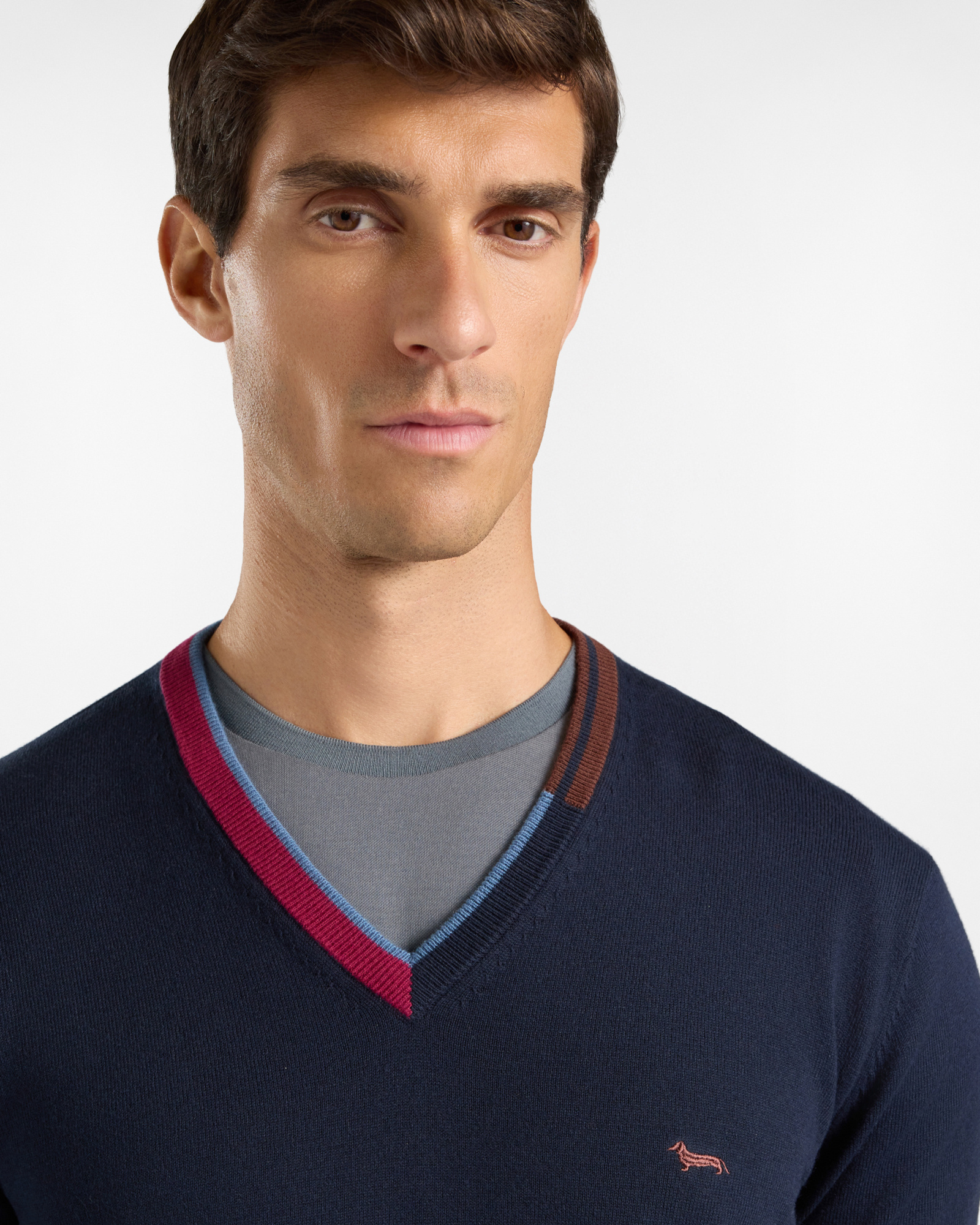Maglia Uomo con scollo a V in misto lana e cotone Regular Fit, BLU NAVY, large