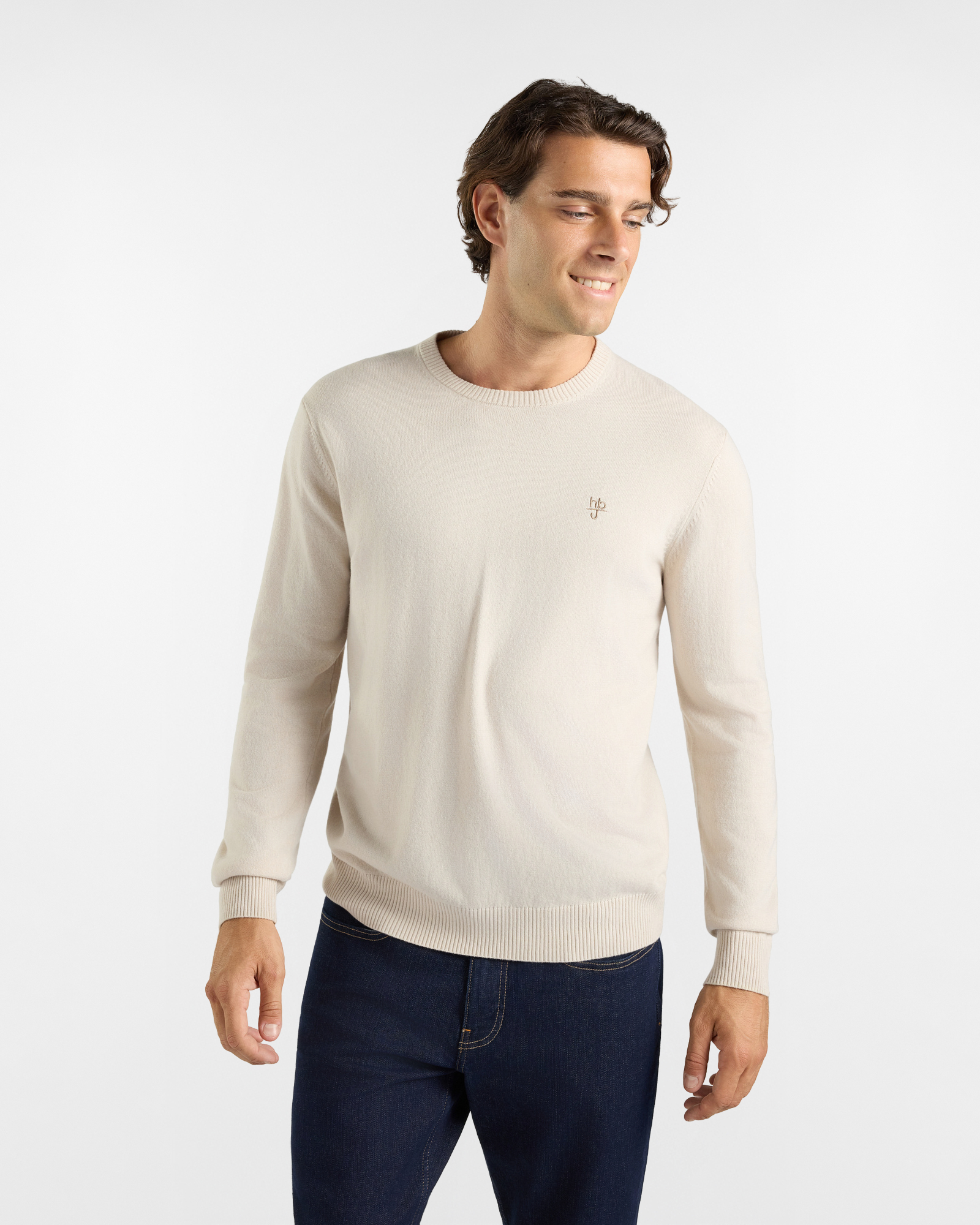 Maglia HBJ Uomo in punto cardato con toppe, girocollo in misto lana e cashmere bianco naturale