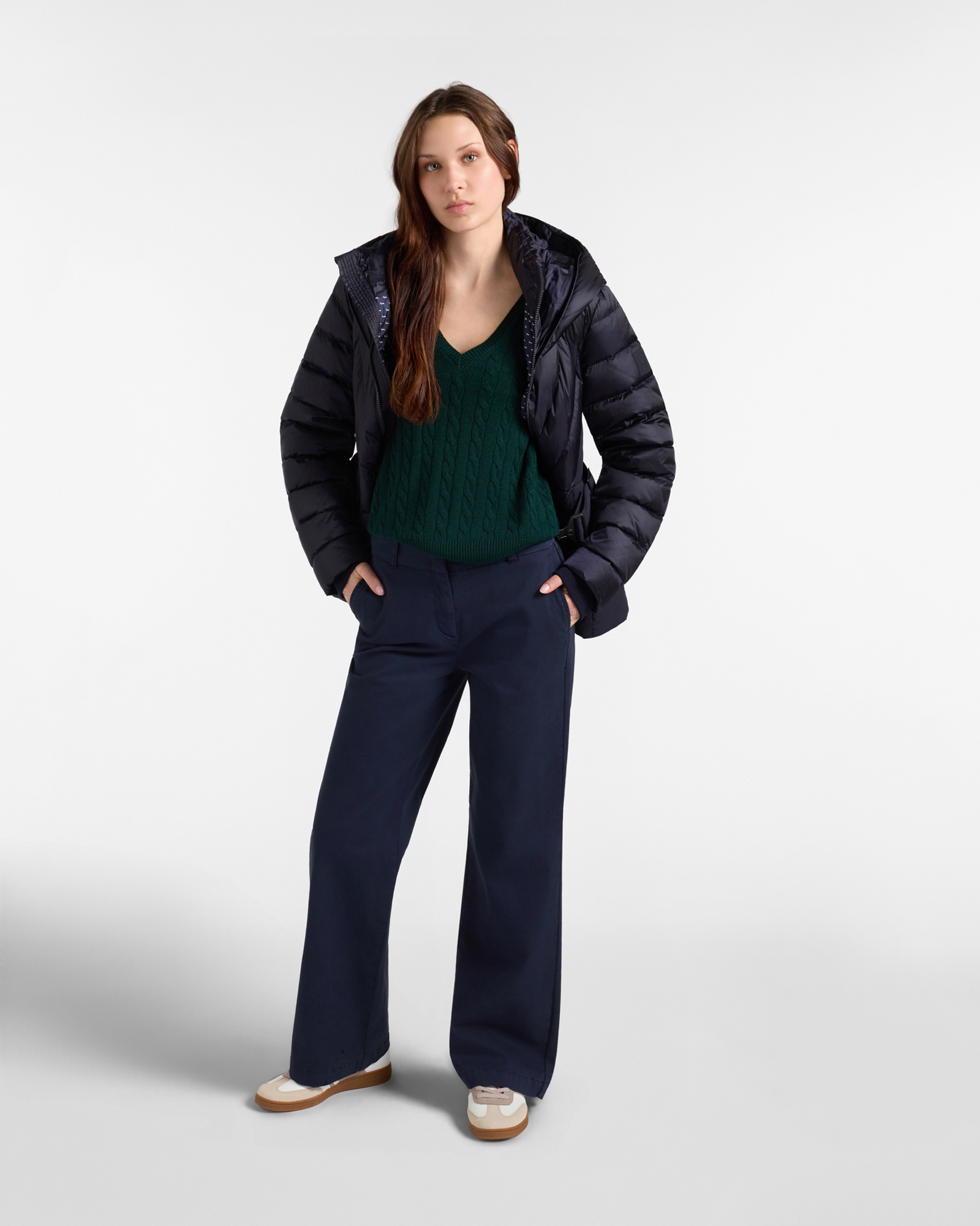 Piumino Donna in piuma con doppio collo e cappuccio in nylon tecnico, BLU, large