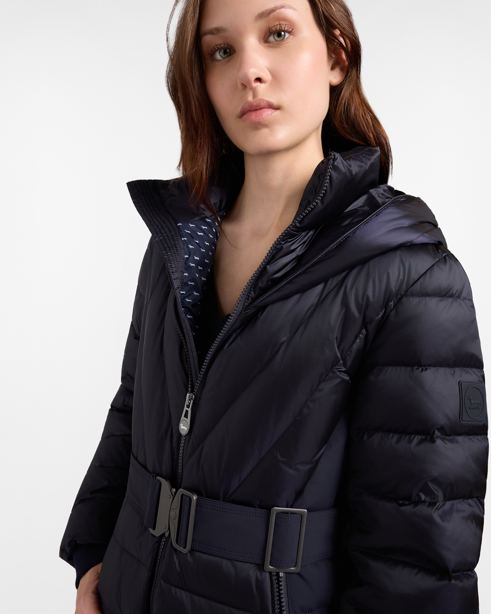 Piumino Donna in piuma con doppio collo e cappuccio in nylon tecnico, BLU, large