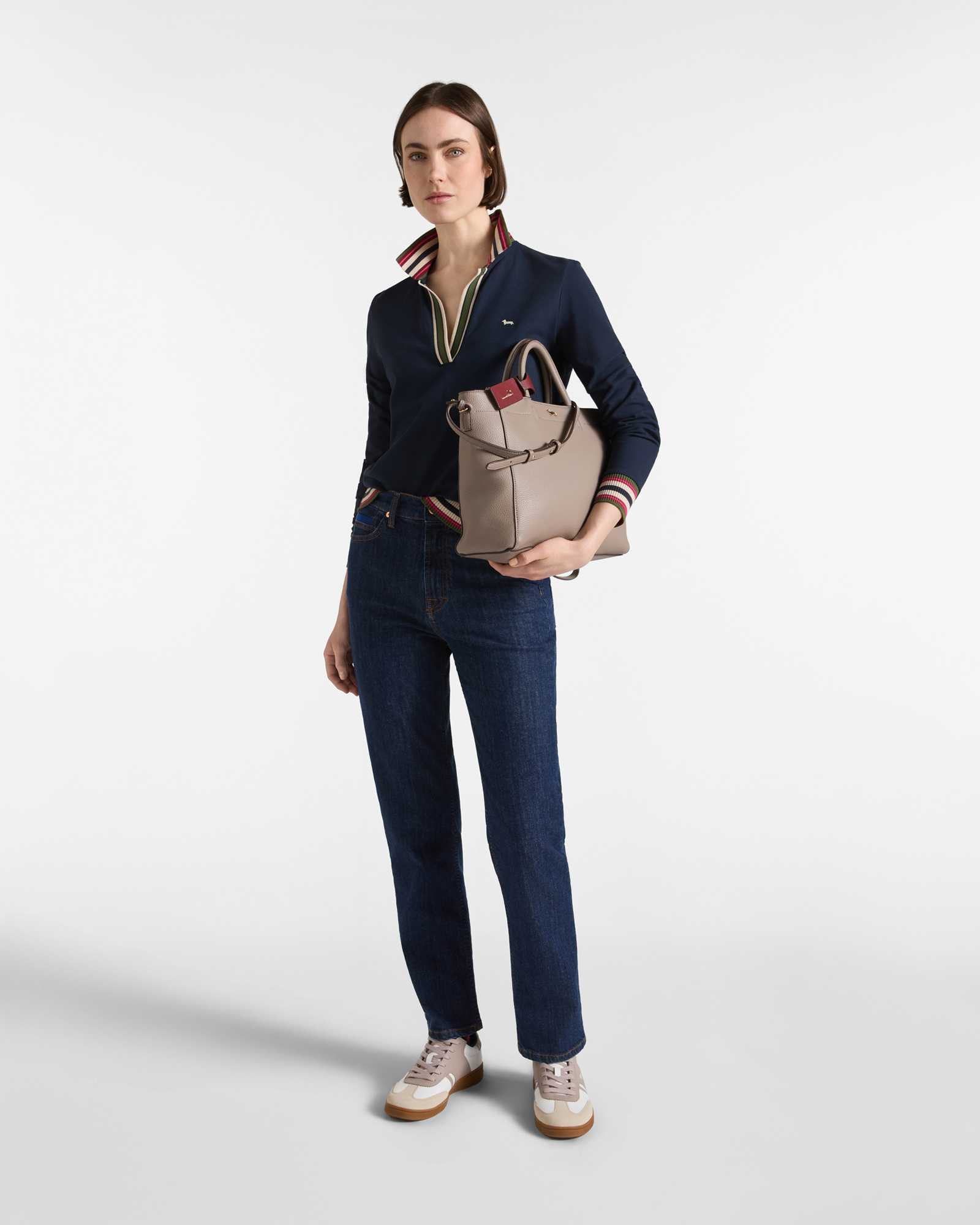 Polo da donna manica lunga con scollo a V in cotone stretch, BLU, large