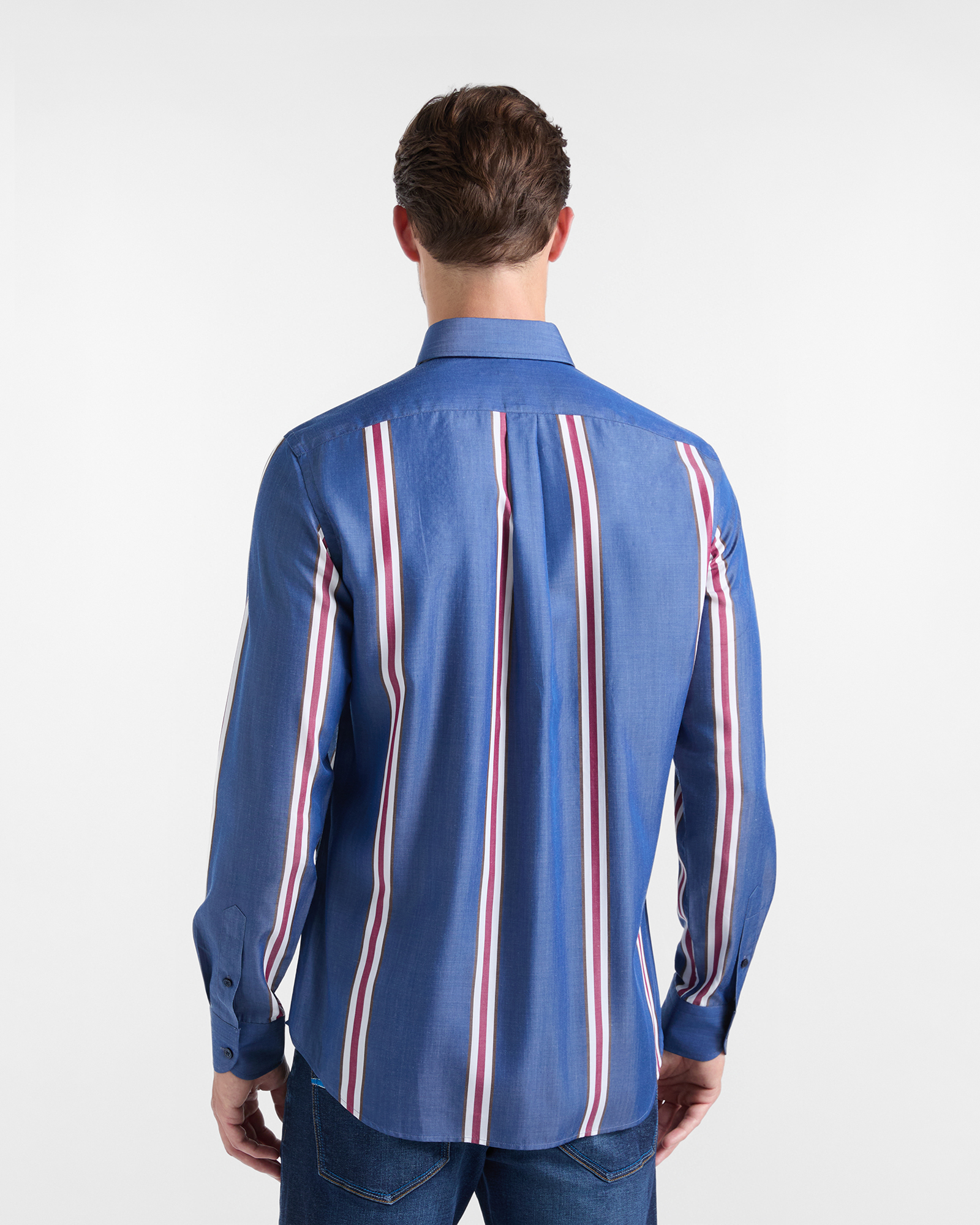 Camicia Uomo Tencel&reg; riga regimental piazzata Narrow Fit, BLU SPORT, large