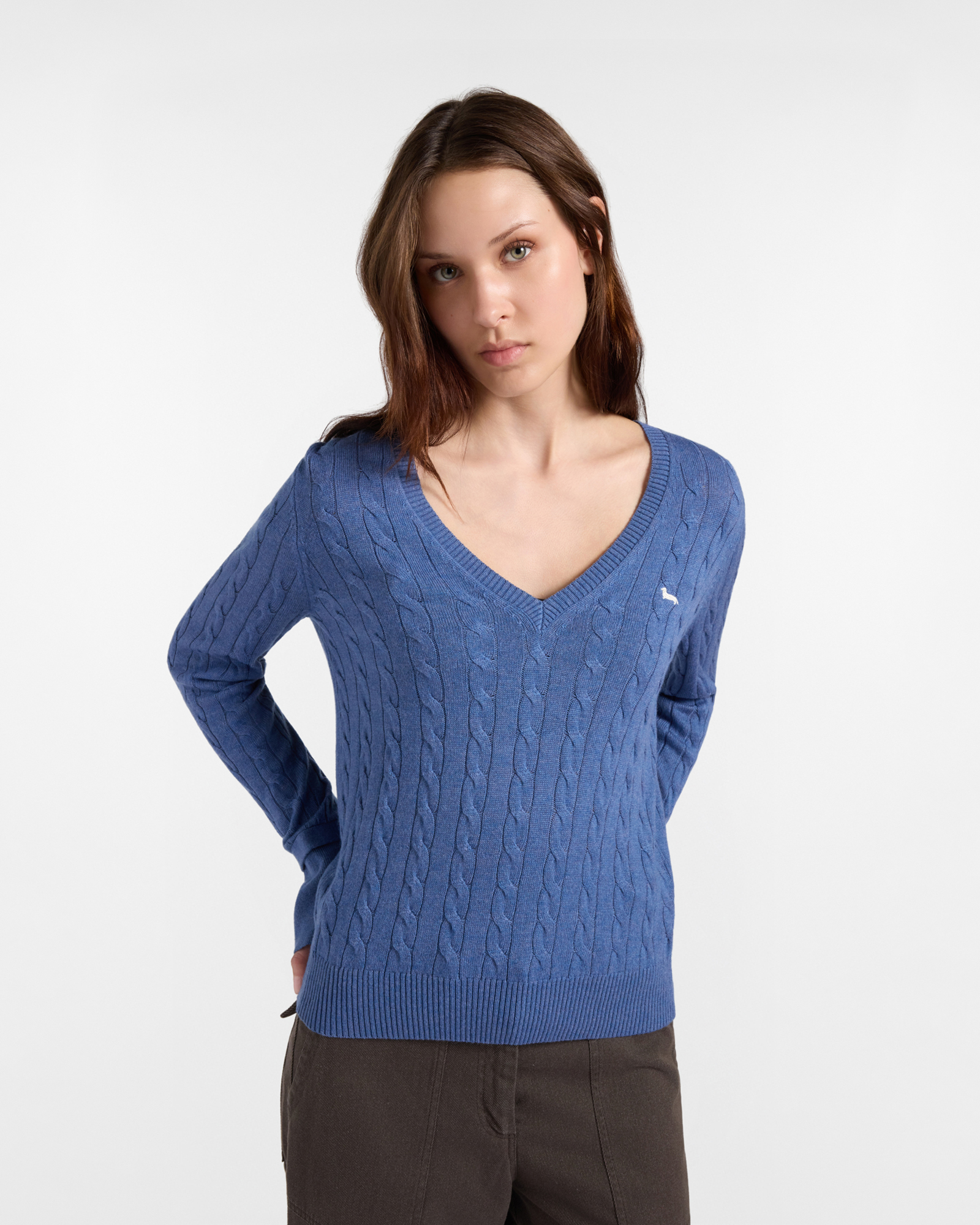 Maglia Donna con scollo a V in misto lana con cachemire azzurro Regular Fit