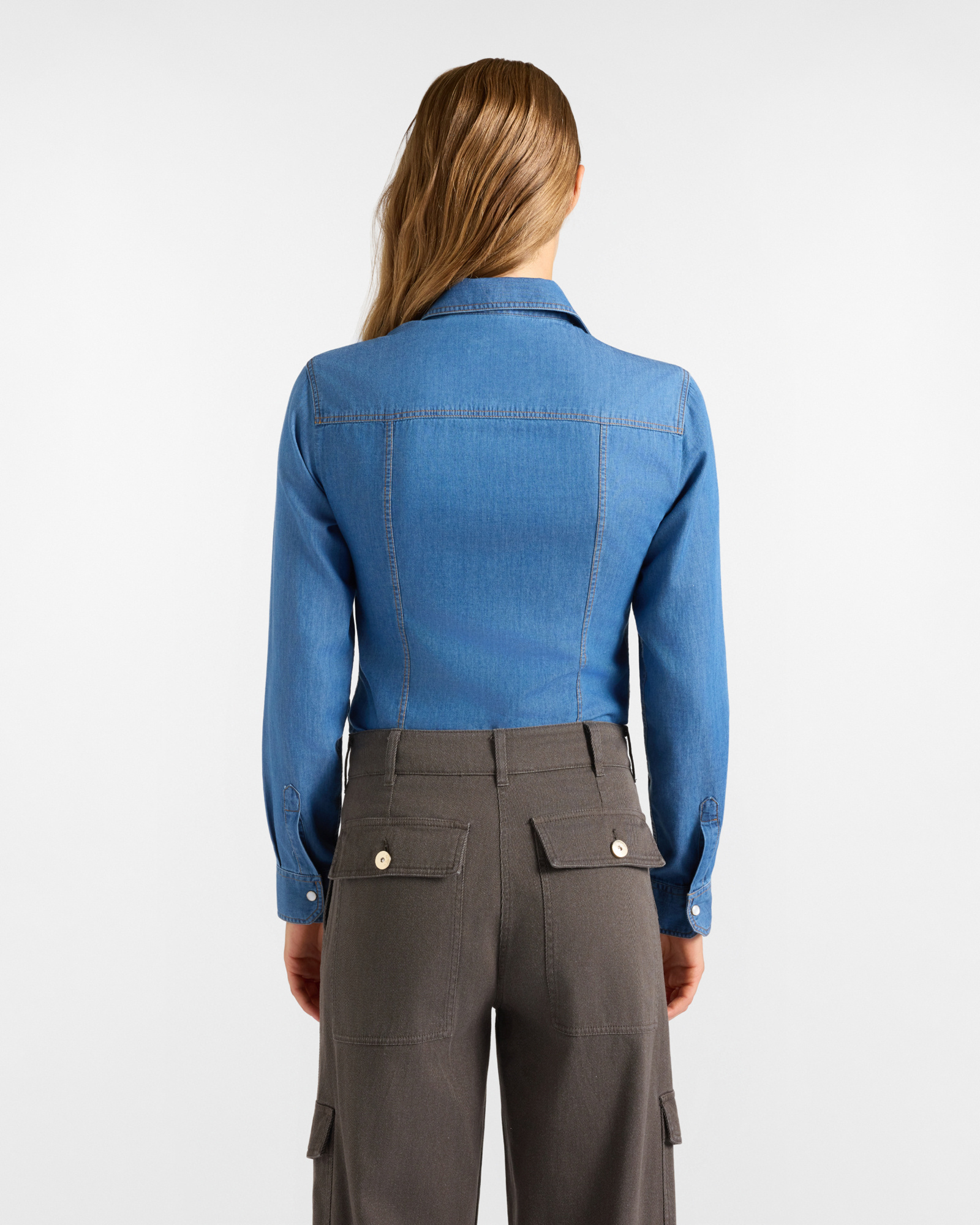 Camicia Donna basic in denim  con taschino, BLU DENIM, large