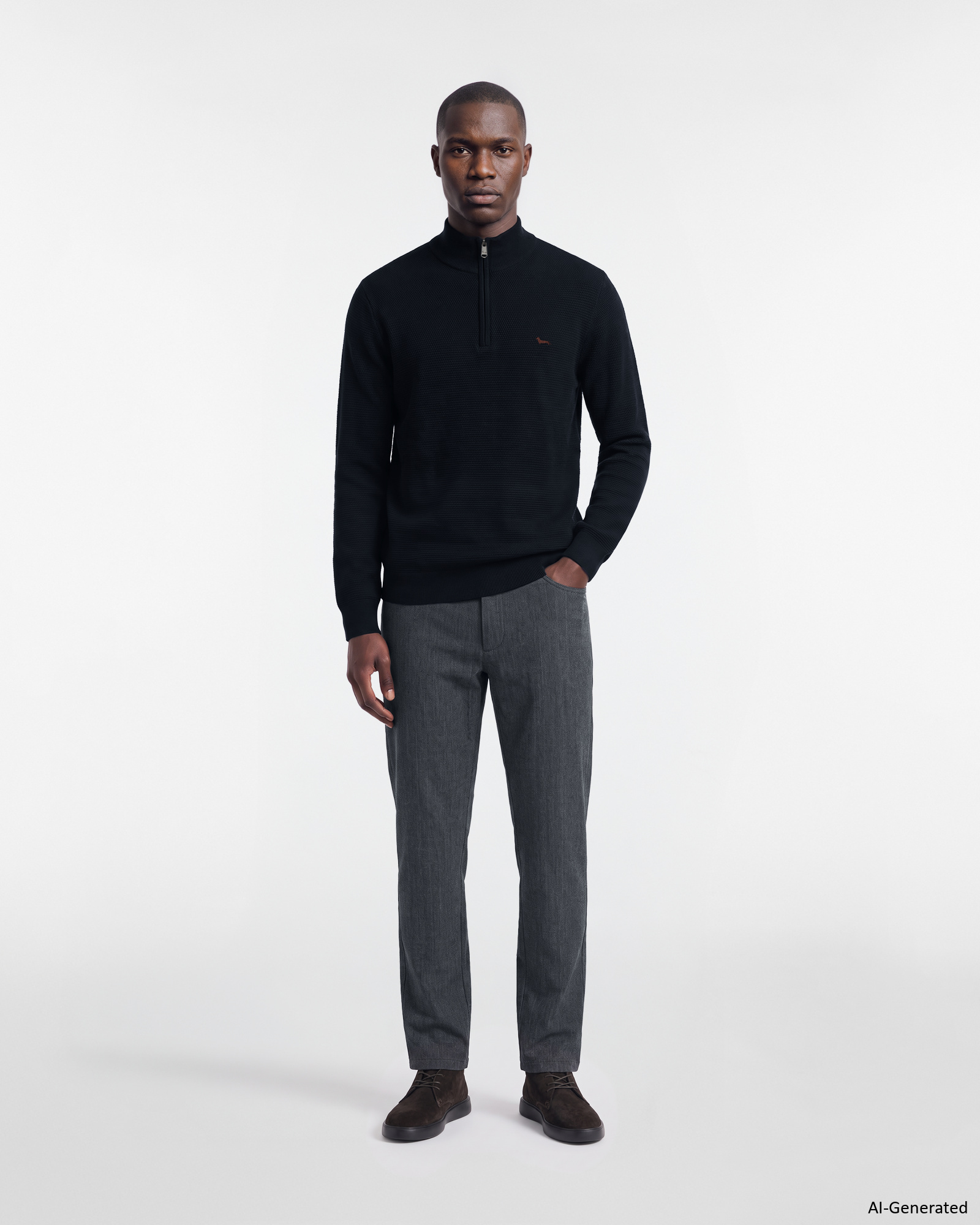 Maglia Uomo con collo alto half zip in misto lana e cotone Regular Fit, BLU NAVY, large