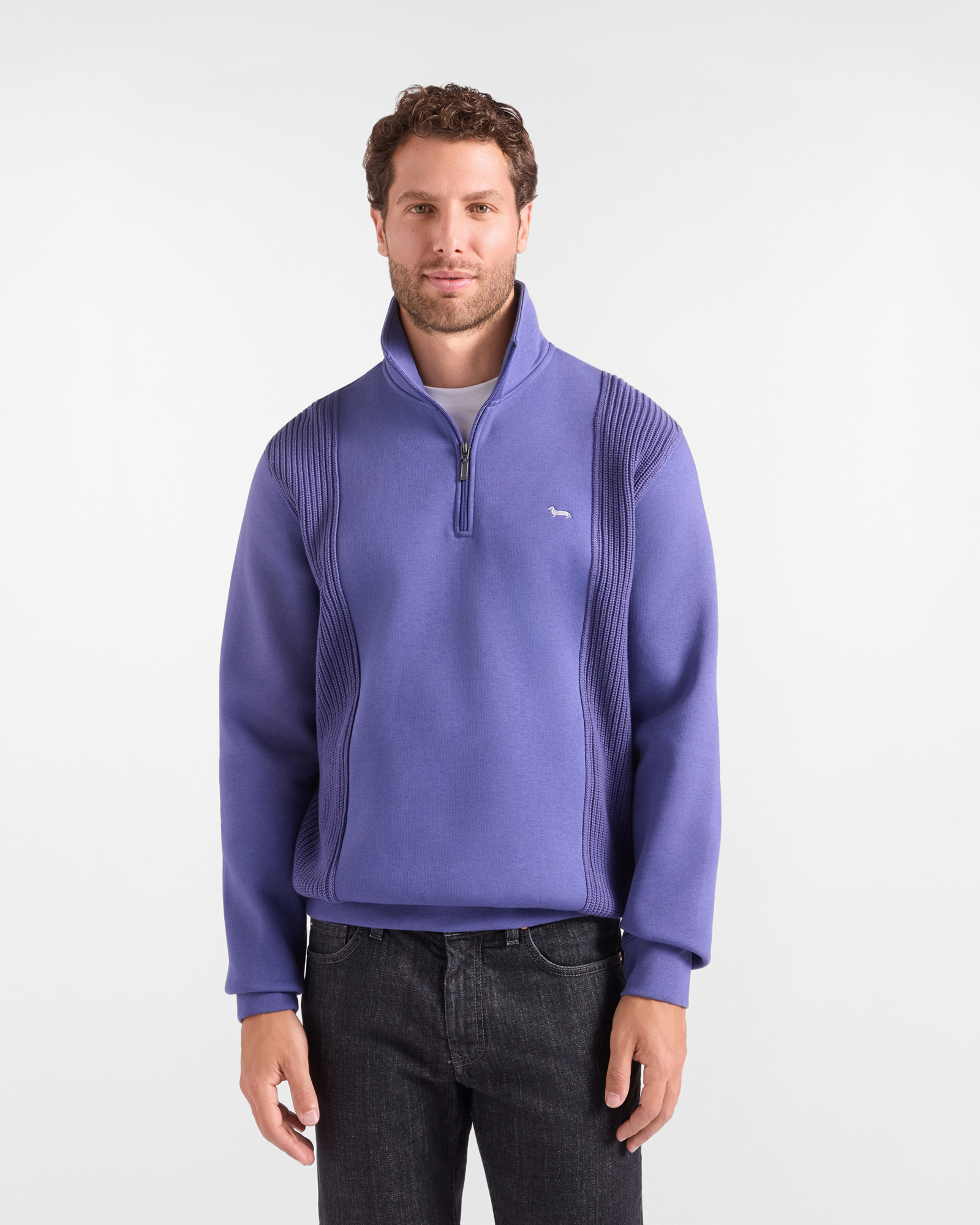 Felpa Uomo Half Zip in Tessuto Tecnico con Inserti in Maglia Viola