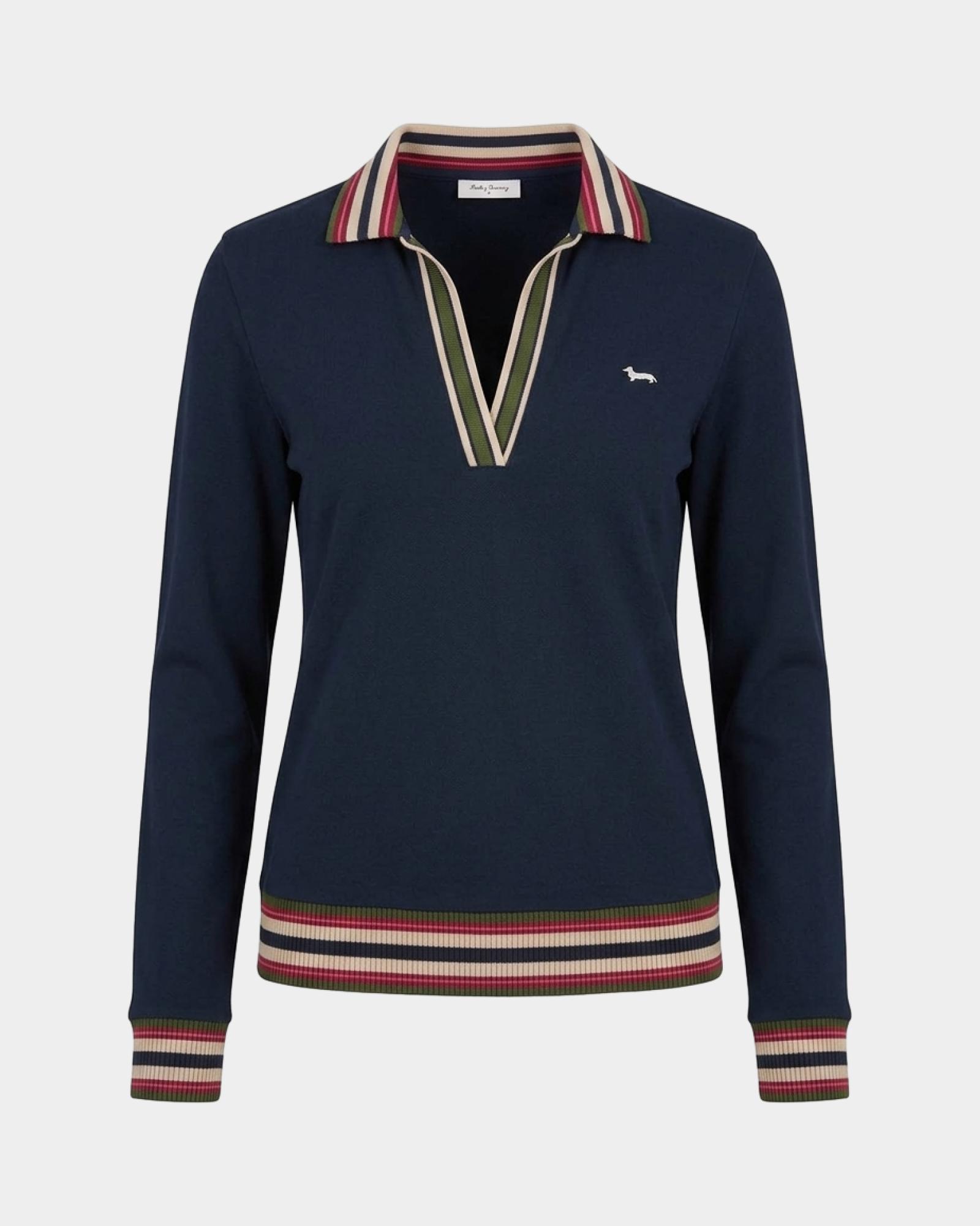 Polo da donna manica lunga con scollo a V in cotone stretch, BLU, large