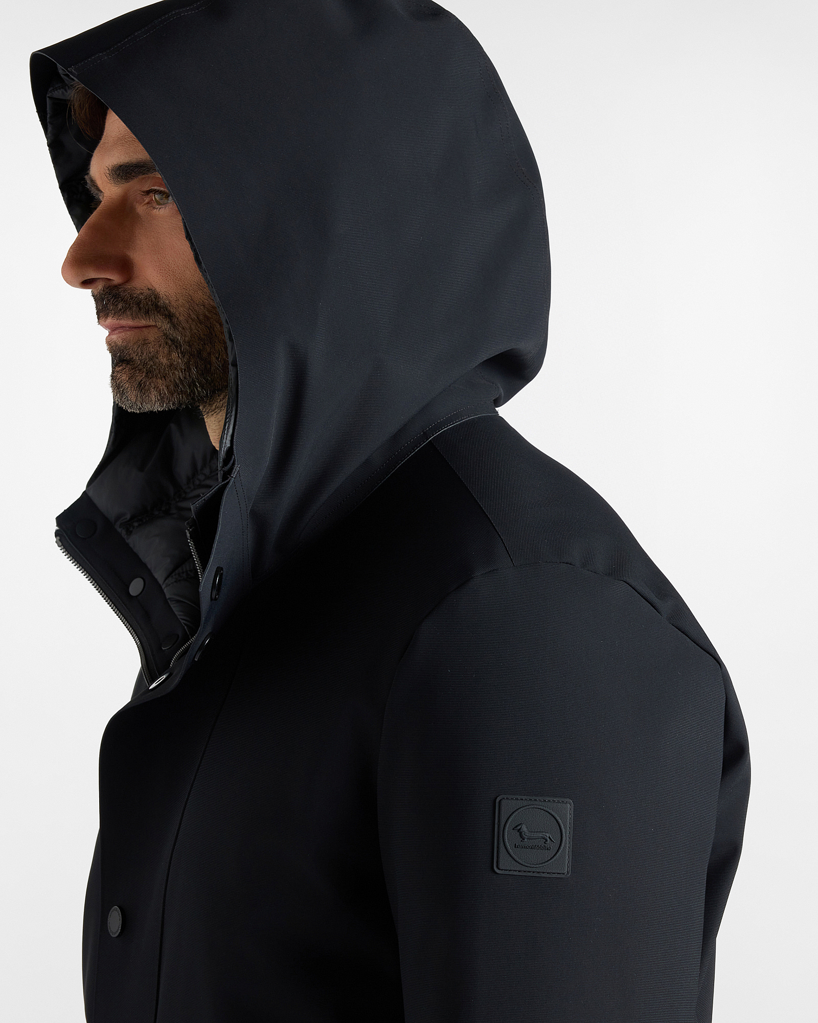 Trench Uomo tecnico con cappuccio in nylon stretch, NERO, large