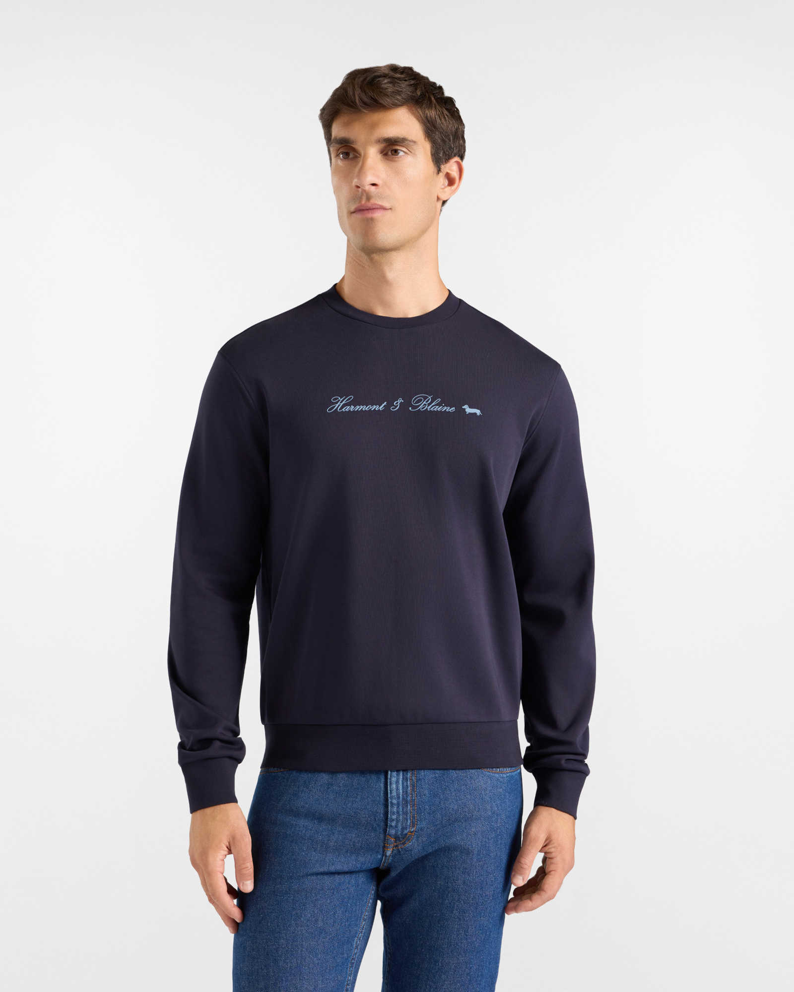 Felpa Uomo girocollo in puro cotone blu con logo in rilievo