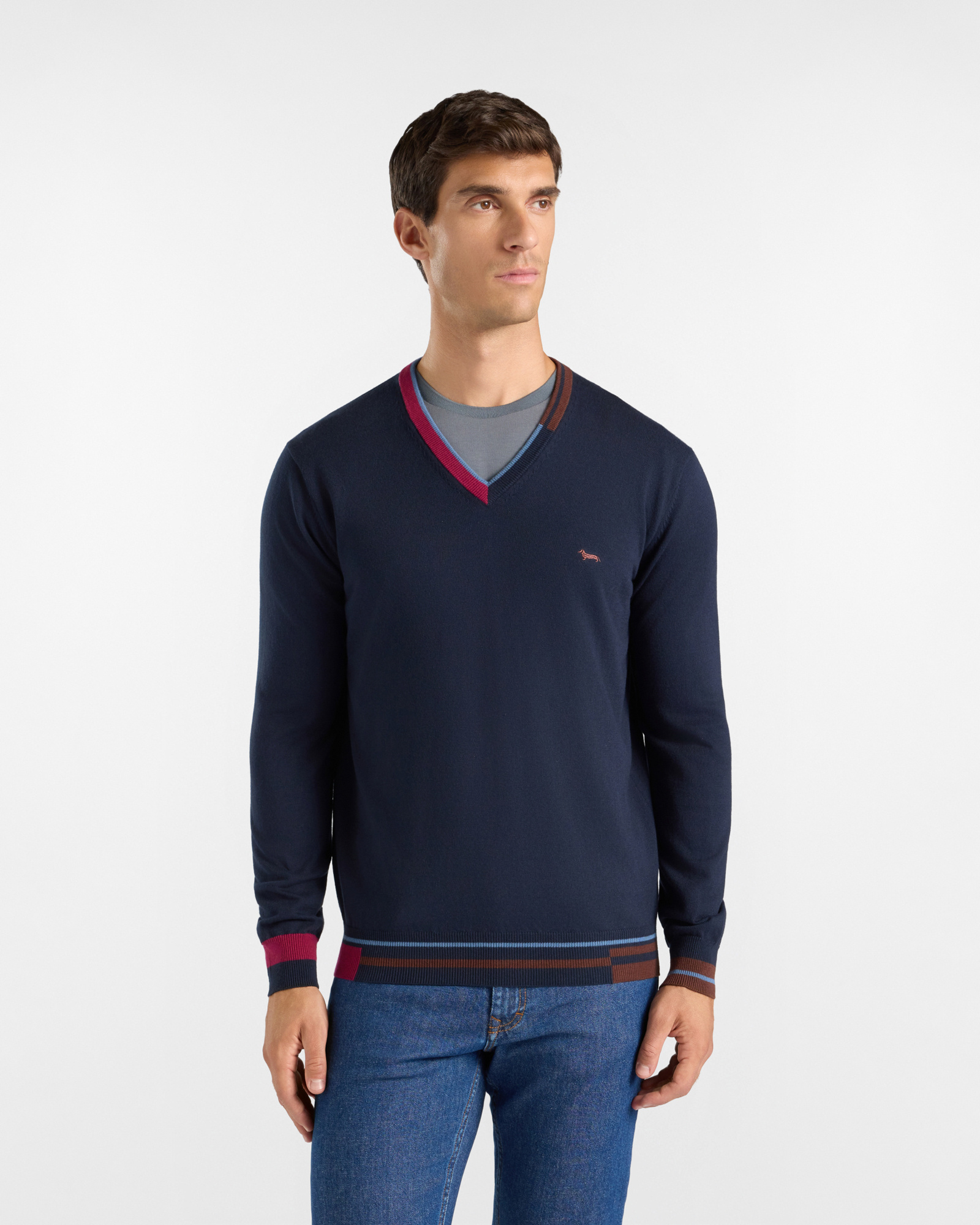 Maglia Uomo con scollo a V in misto lana e cotone blu Regular Fit