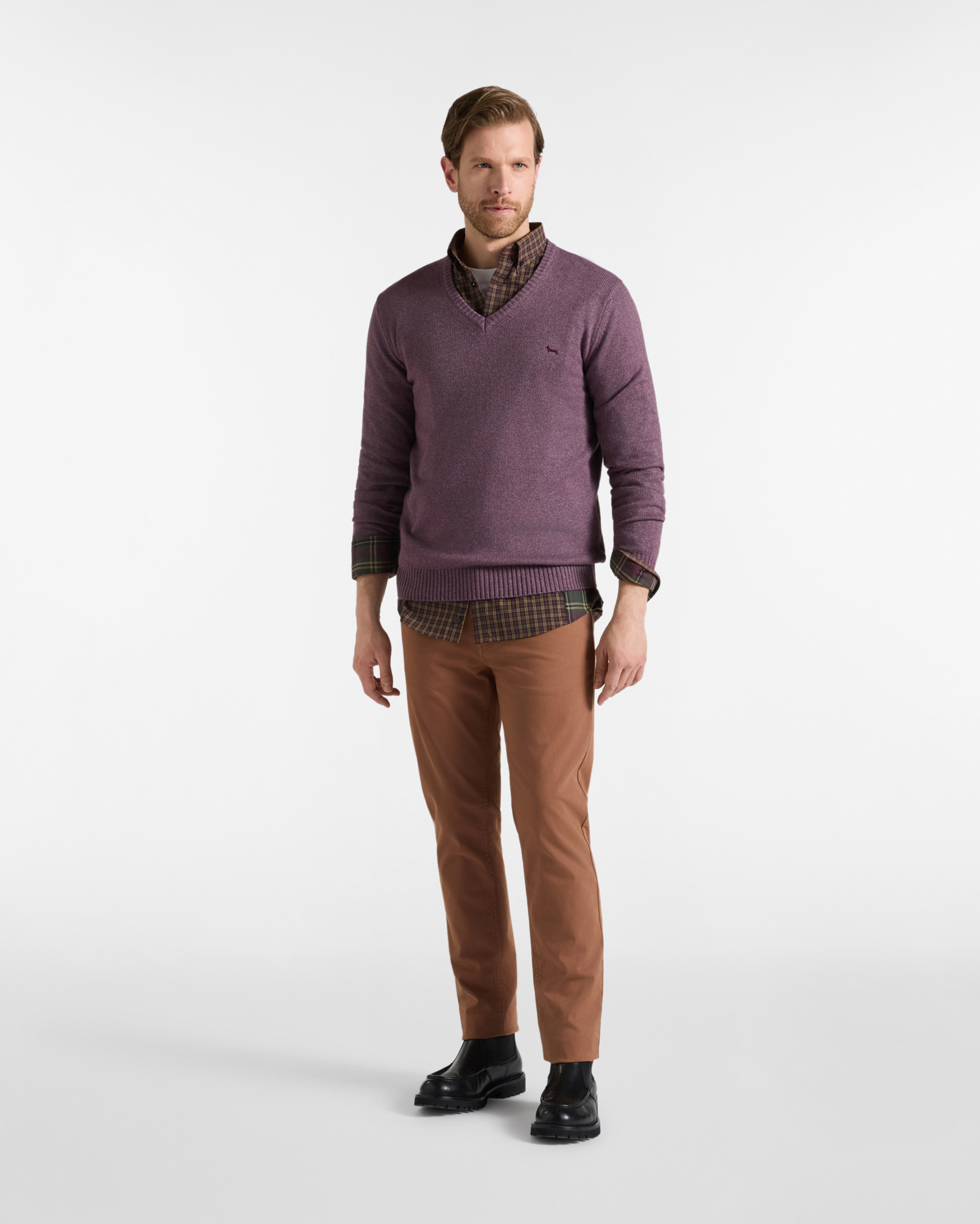 Maglia Uomo con scollo a V in misto lana Regular Fit Made in Italy, VIOLA SCURO, large
