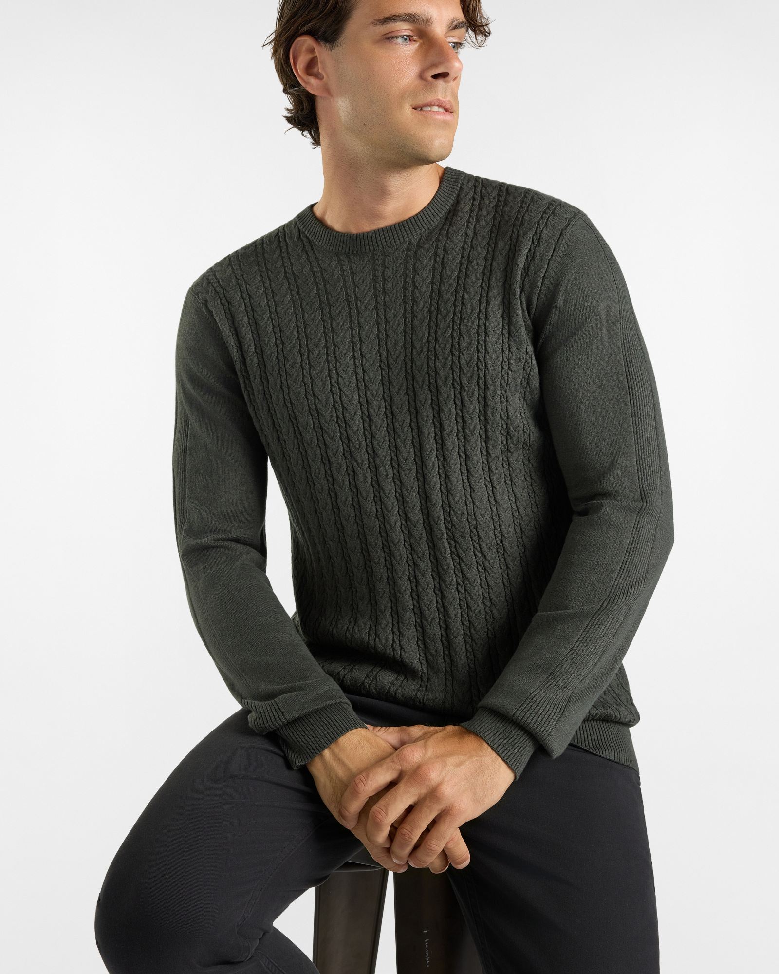 Maglia Girocollo HBJ Uomo con lavorazione a trecce in misto lana e cashmere, VERDE, large