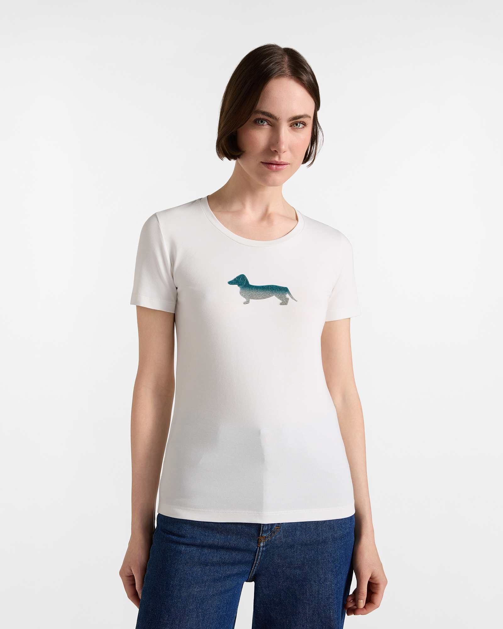 T-shirt Donna in cotone stretch bianca con Maxi Bassotto glitter