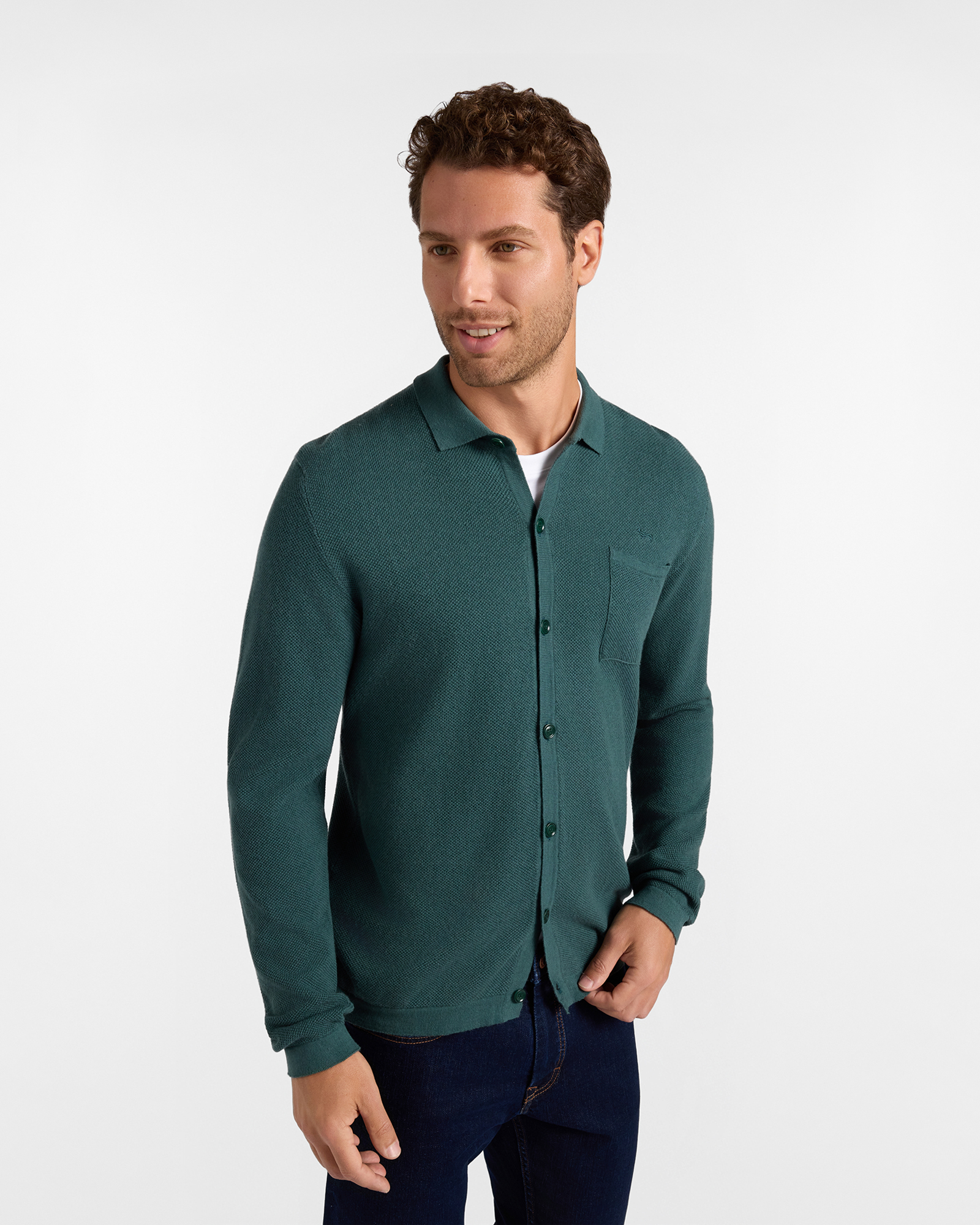 Maglia Uomo con colletto polo abbottonato in misto lana e cotone verde Regular Fit Made in Italy