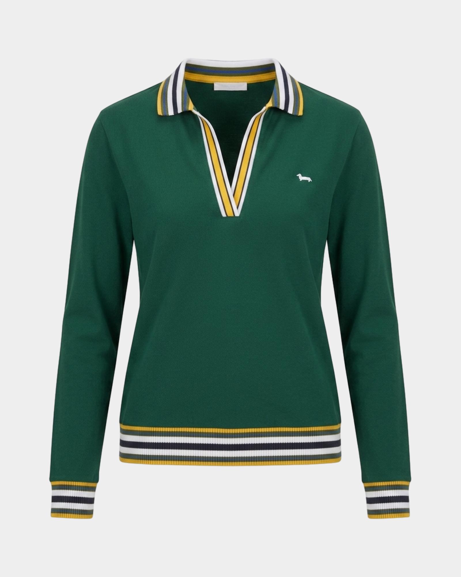 Polo da donna manica lunga con scollo a V in cotone stretch, VERDE, large