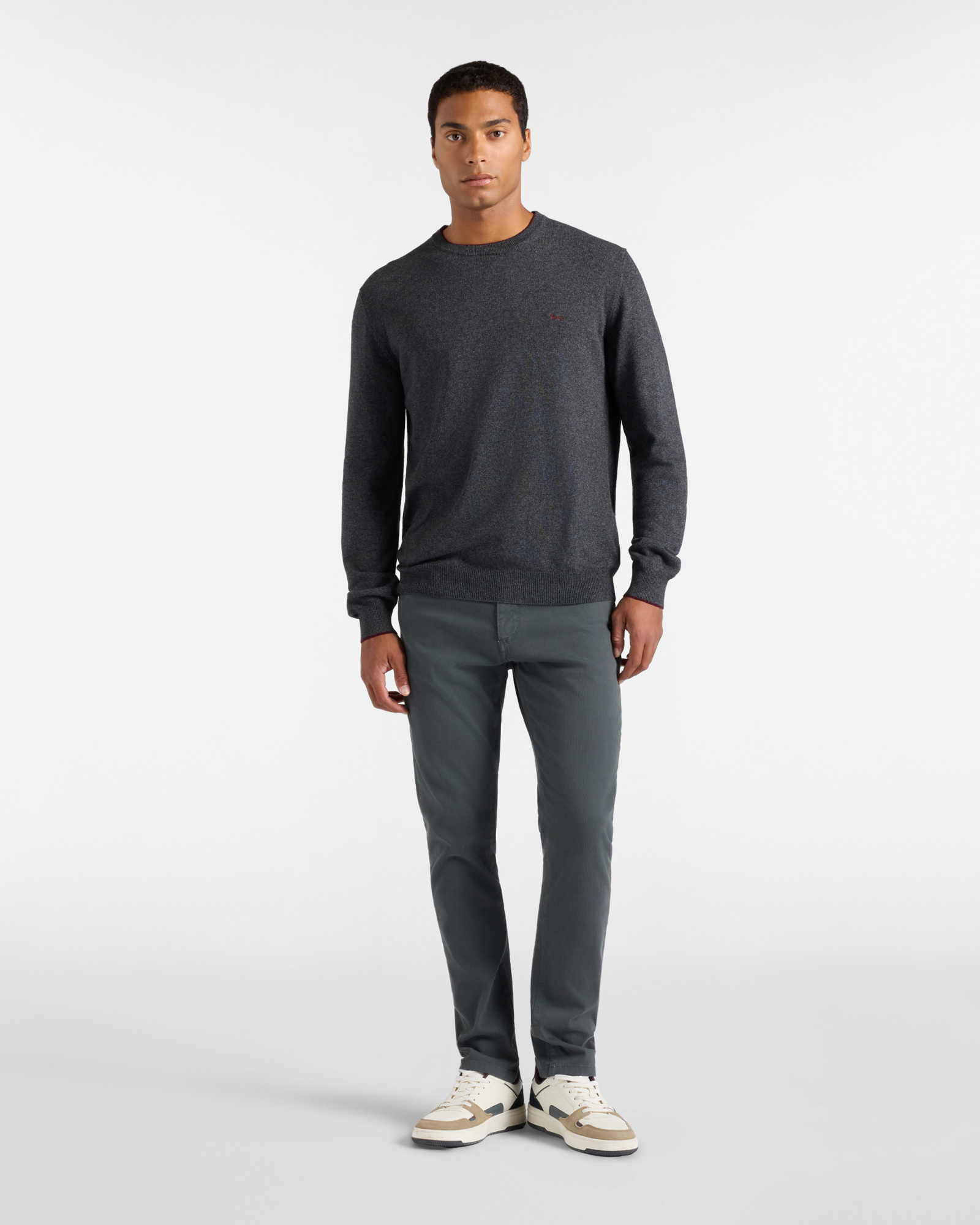 Maglia Uomo girocollo con riga contrasto in misto lana e cashmere grigio Regular Fit, GRIGIO, large