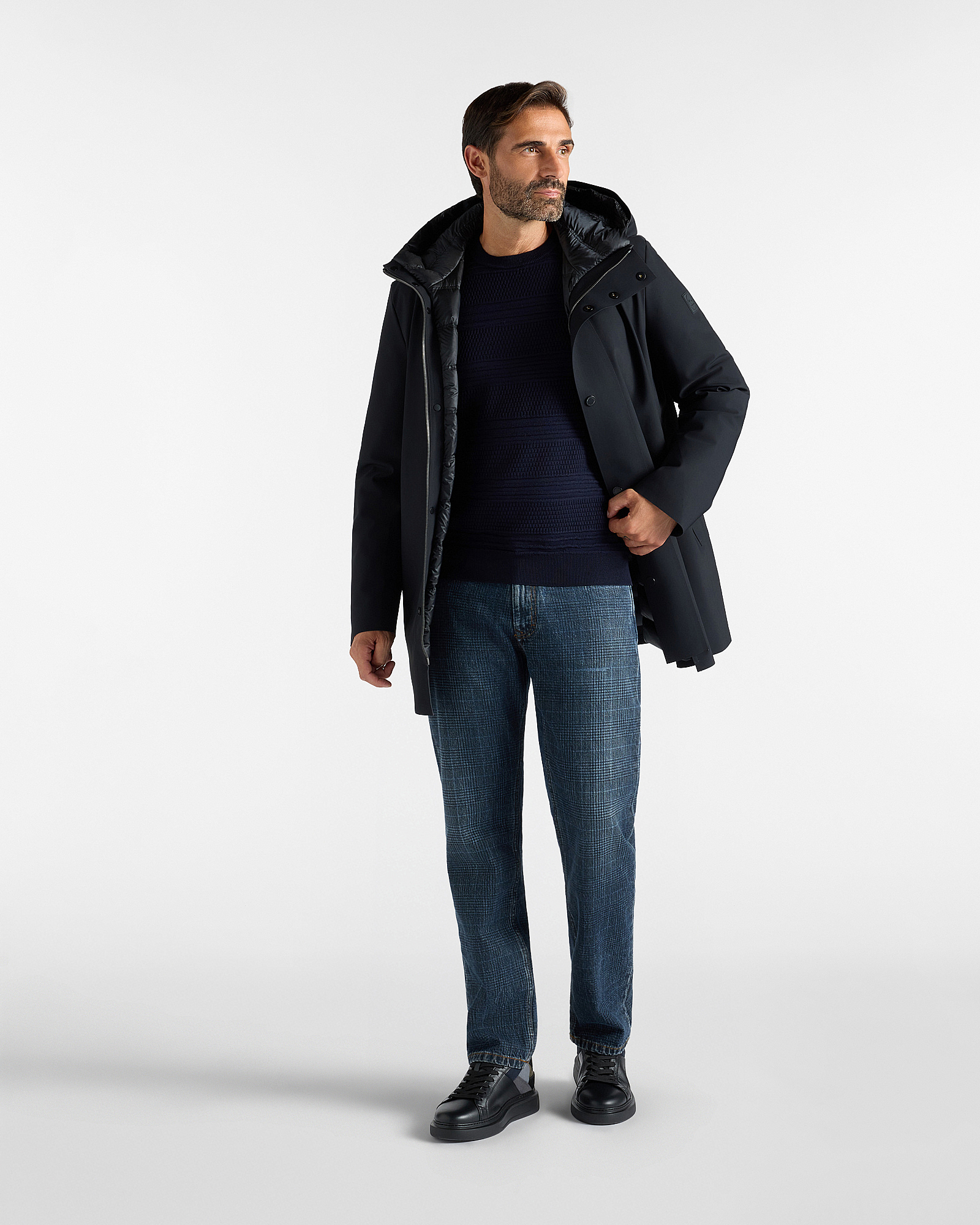 Trench Uomo tecnico con cappuccio in nylon stretch, NERO, large