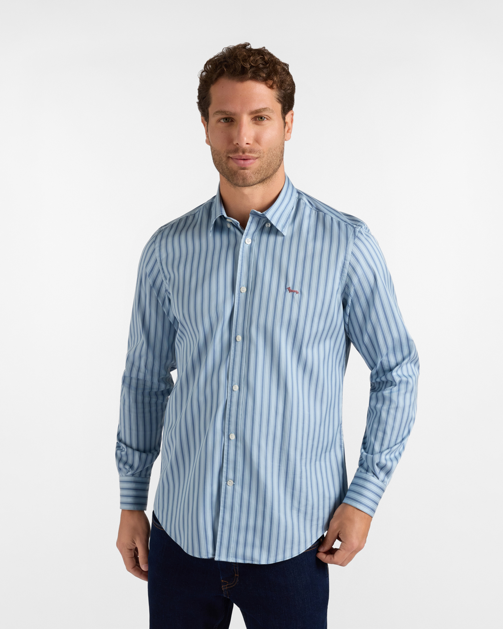 Camicia Uomo riga raso stretch Regular Fit azzurro