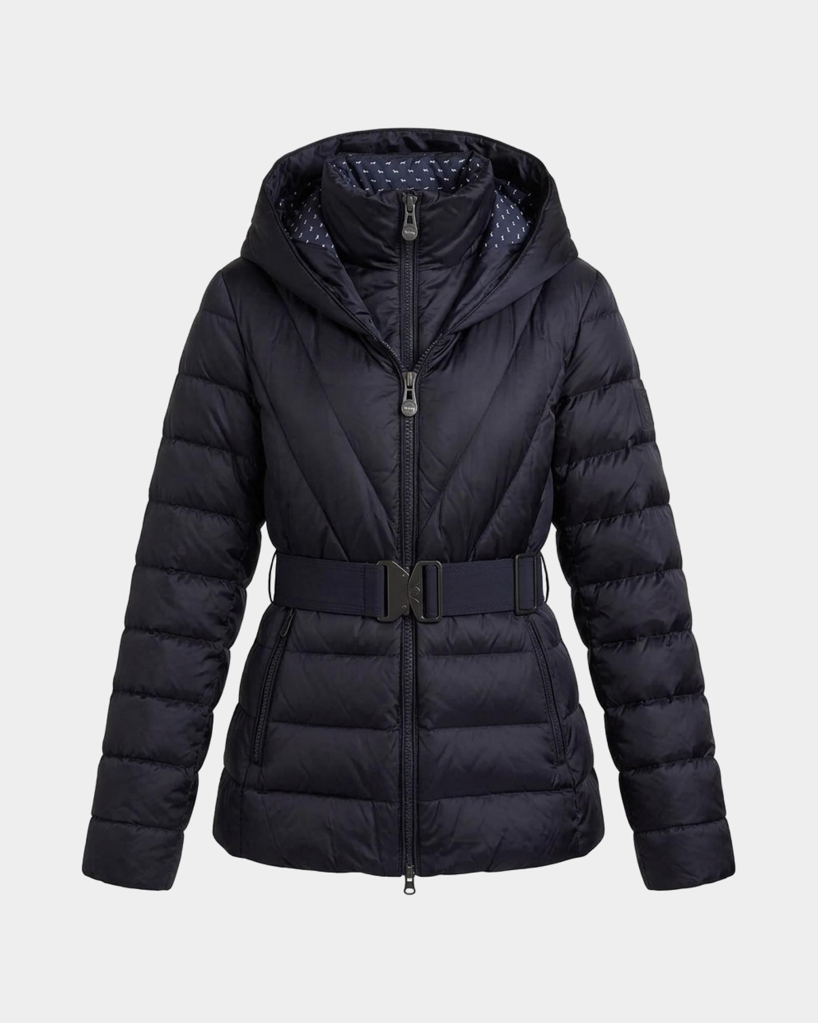 Piumino Donna in piuma con doppio collo e cappuccio in nylon tecnico, BLU, large