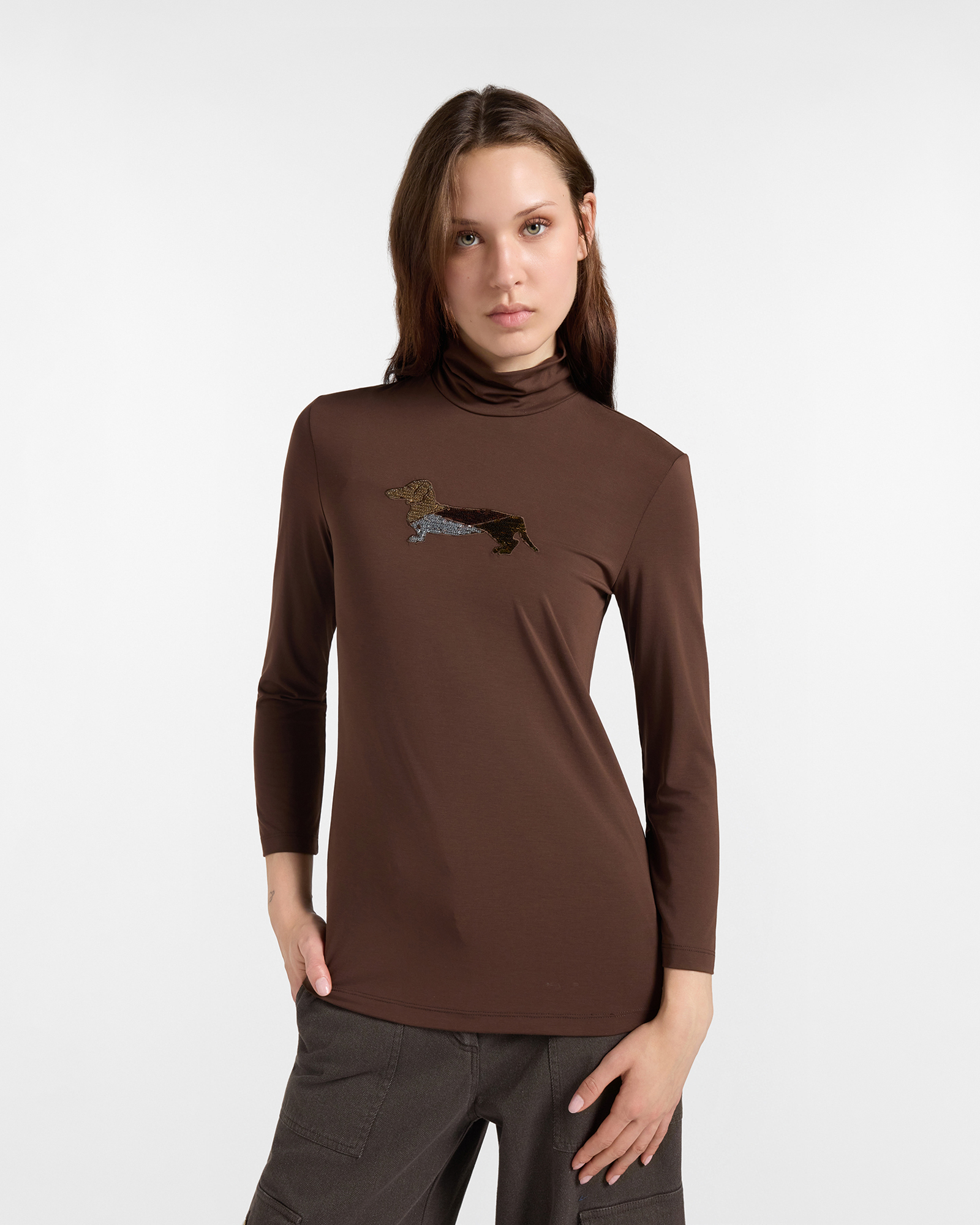 T-shirt Donna Dolcevita in Modal Stretch con Bassotto in Paillettes Marrone Scuro
