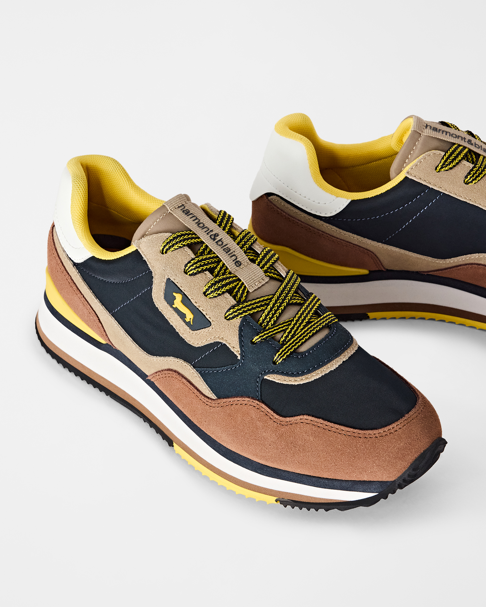 Sneaker Uomo running in suede tricolore e tessuto tecnico tricolore, beige - BLU, large