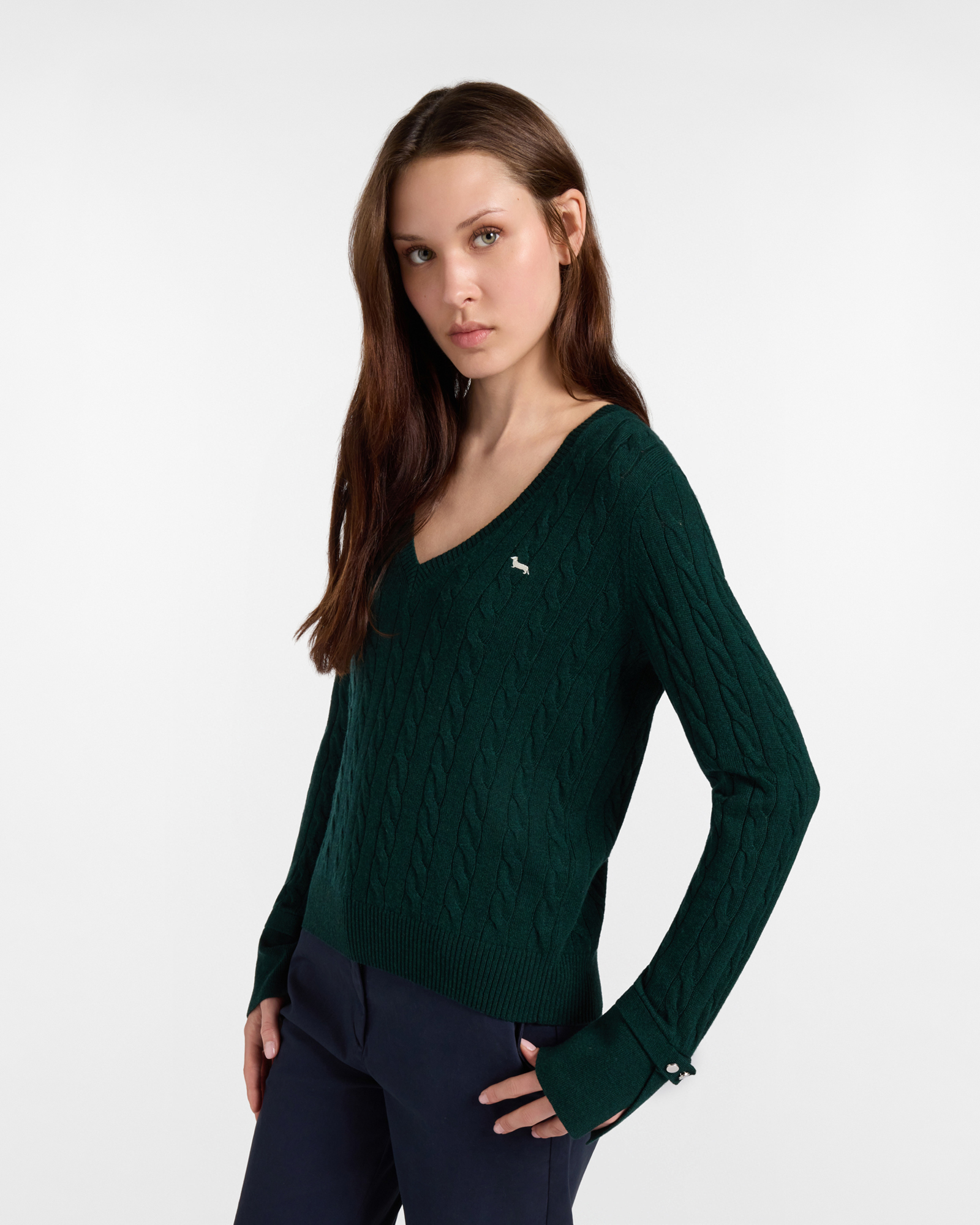 Maglia Donna con scollo a V in misto lana verde Regular Fit