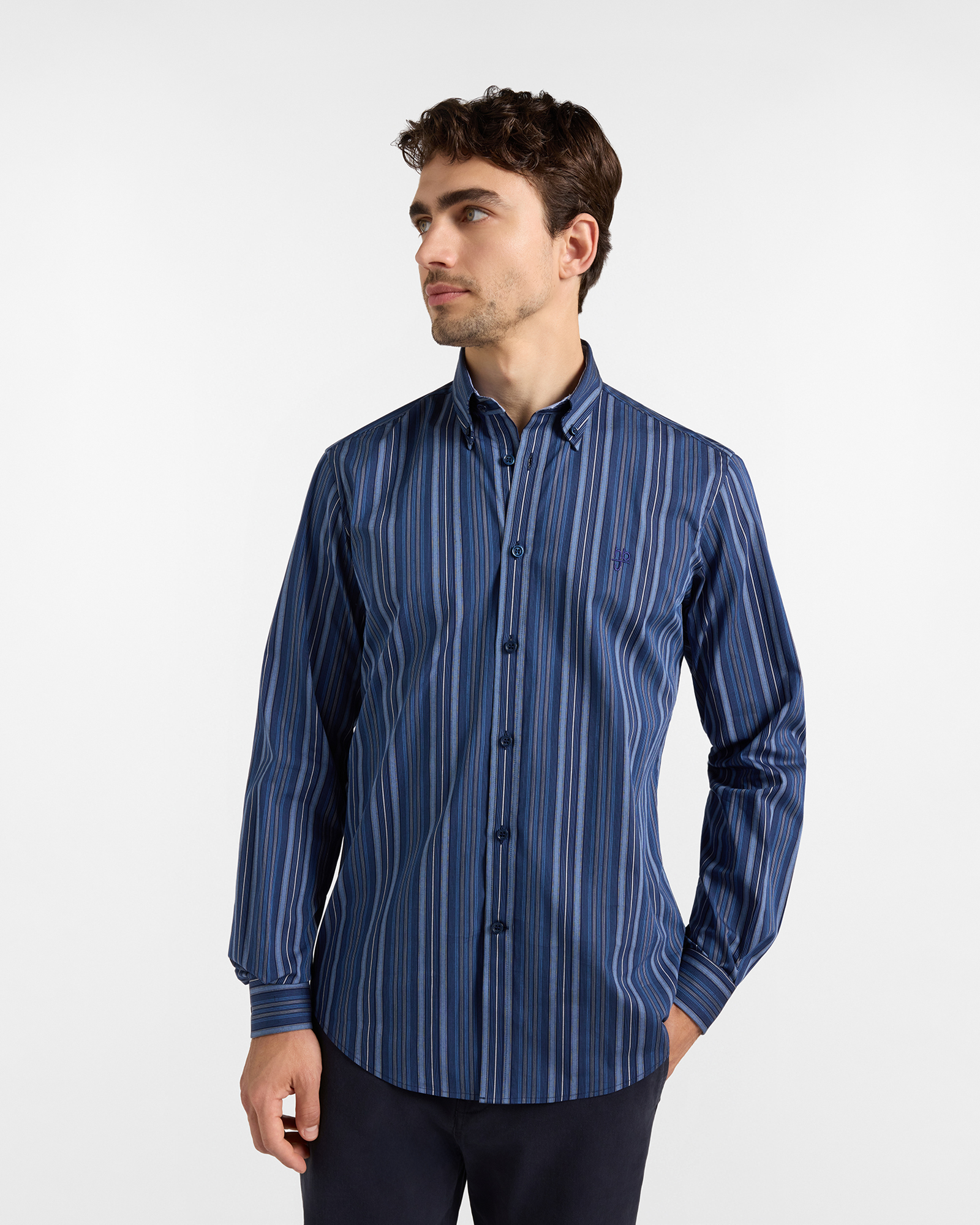 Camicia HBJ Uomo Narrow Fit in cotone stretch a righe blu scuro con collo Montecarlo