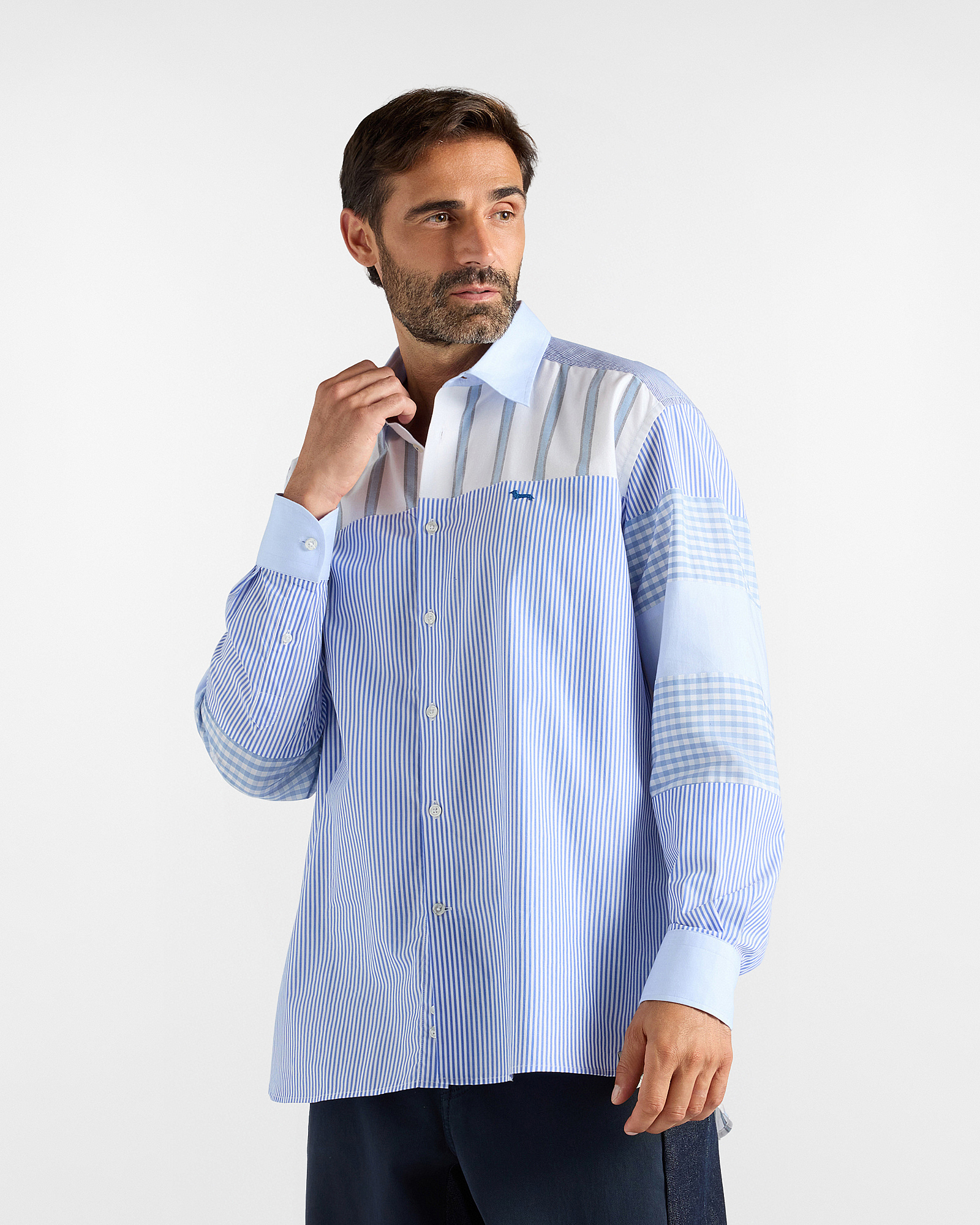 Camicia Uomo Re-Worked in Puro Cotone Celeste e Bianco Capsule Re-Loved Made in Italy