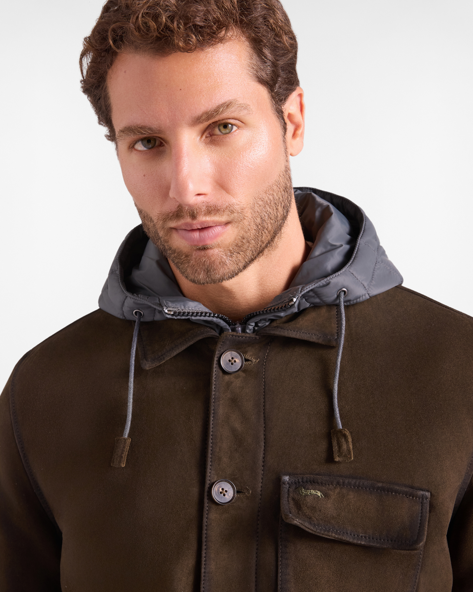 Capospalla Uomo in pelle scamosciata con giubbino interno in nylon, VERDE PETROLIO, large