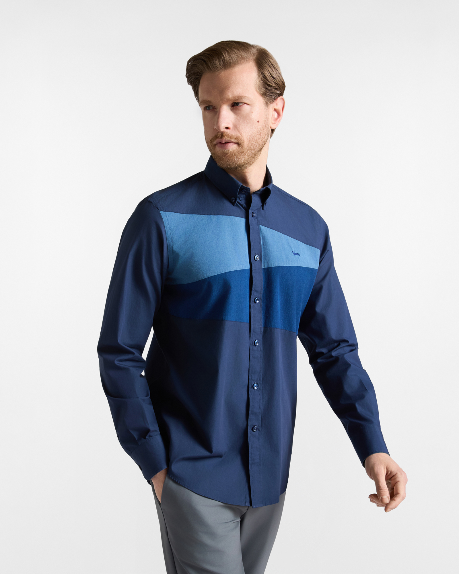 Camicia Uomo popeline peach con denim Regular Fit blu