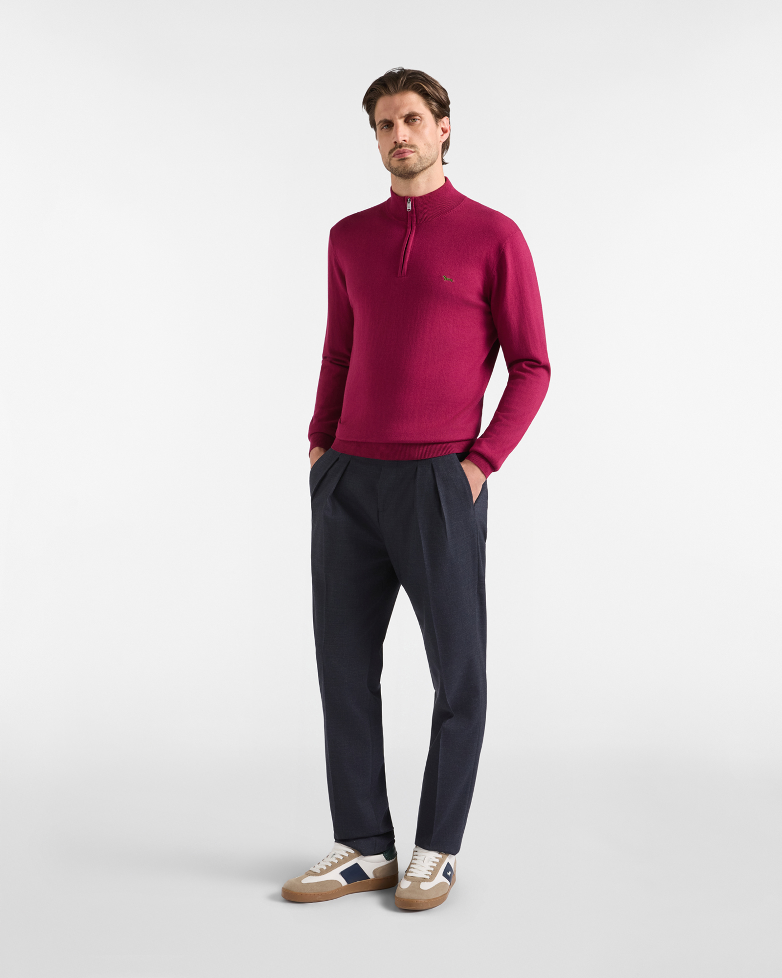 Maglia Uomo con collo alto half zip in misto lana e cotone  Regular Fit, ROSSO, large
