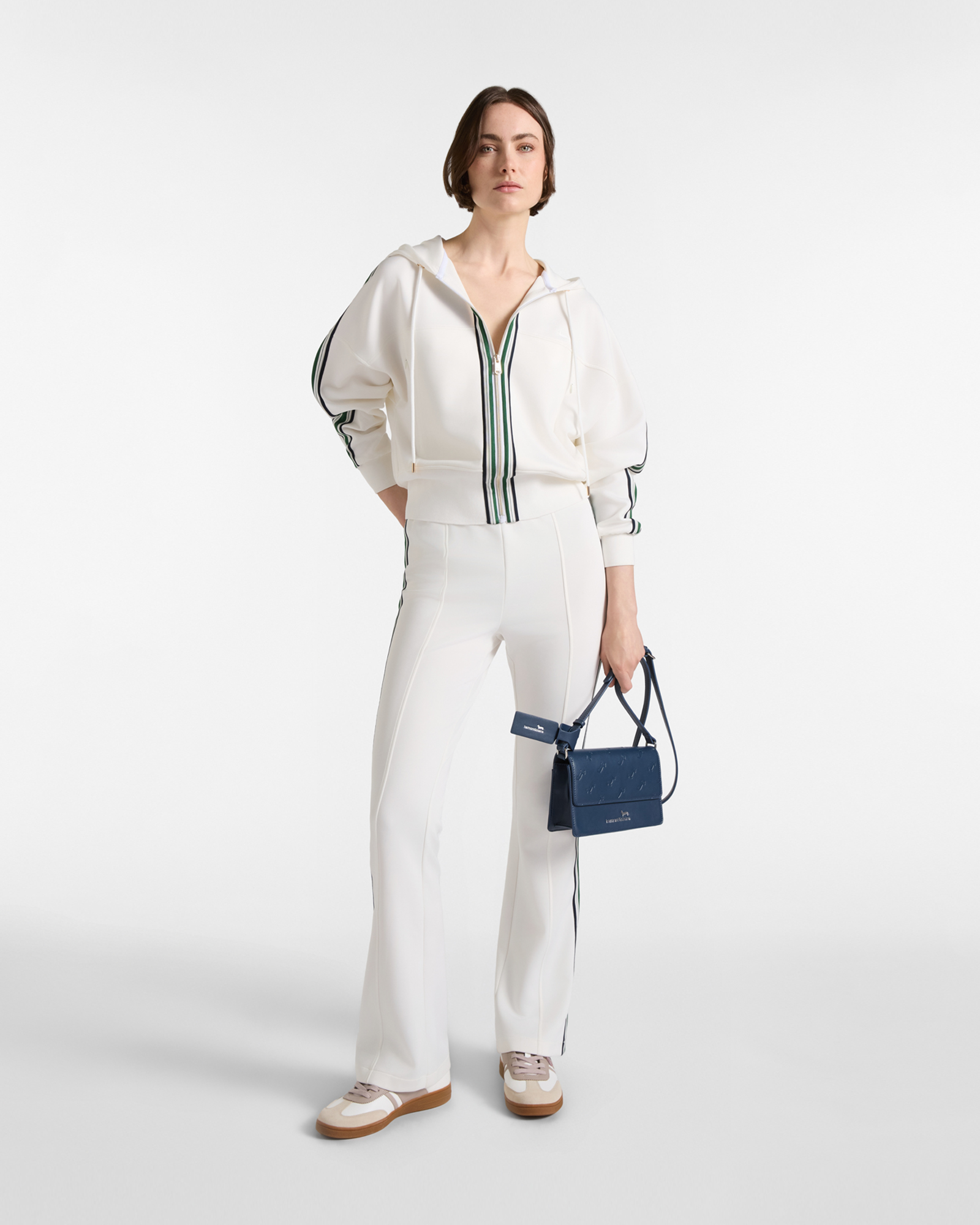 Felpa Donna full zip con cappuccio bianca e bande rigate, BIANCO, large