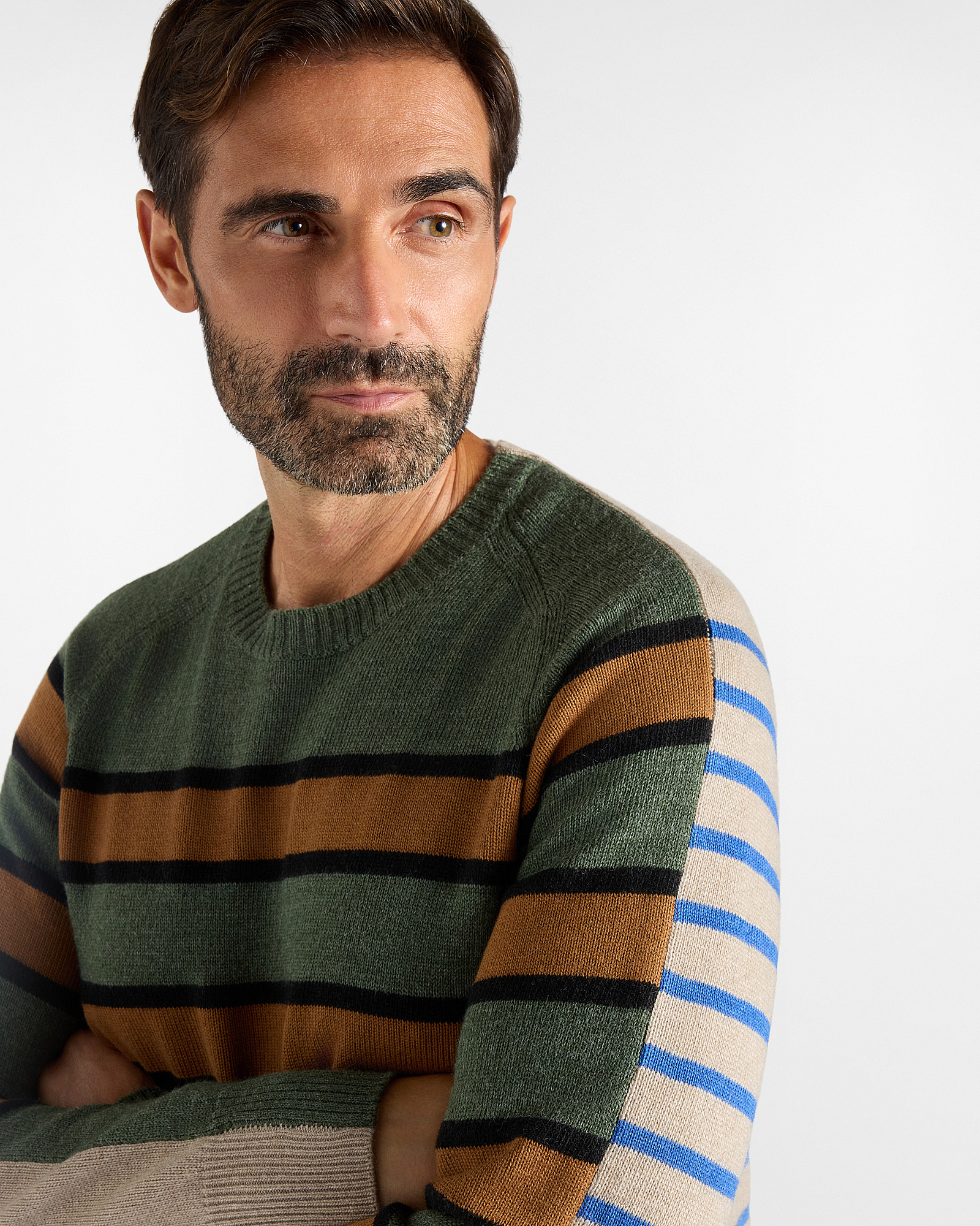 Maglia Uomo multi-riga in misto lana e viscosa Made in Italy, VERDE BOTTIGLIA, large