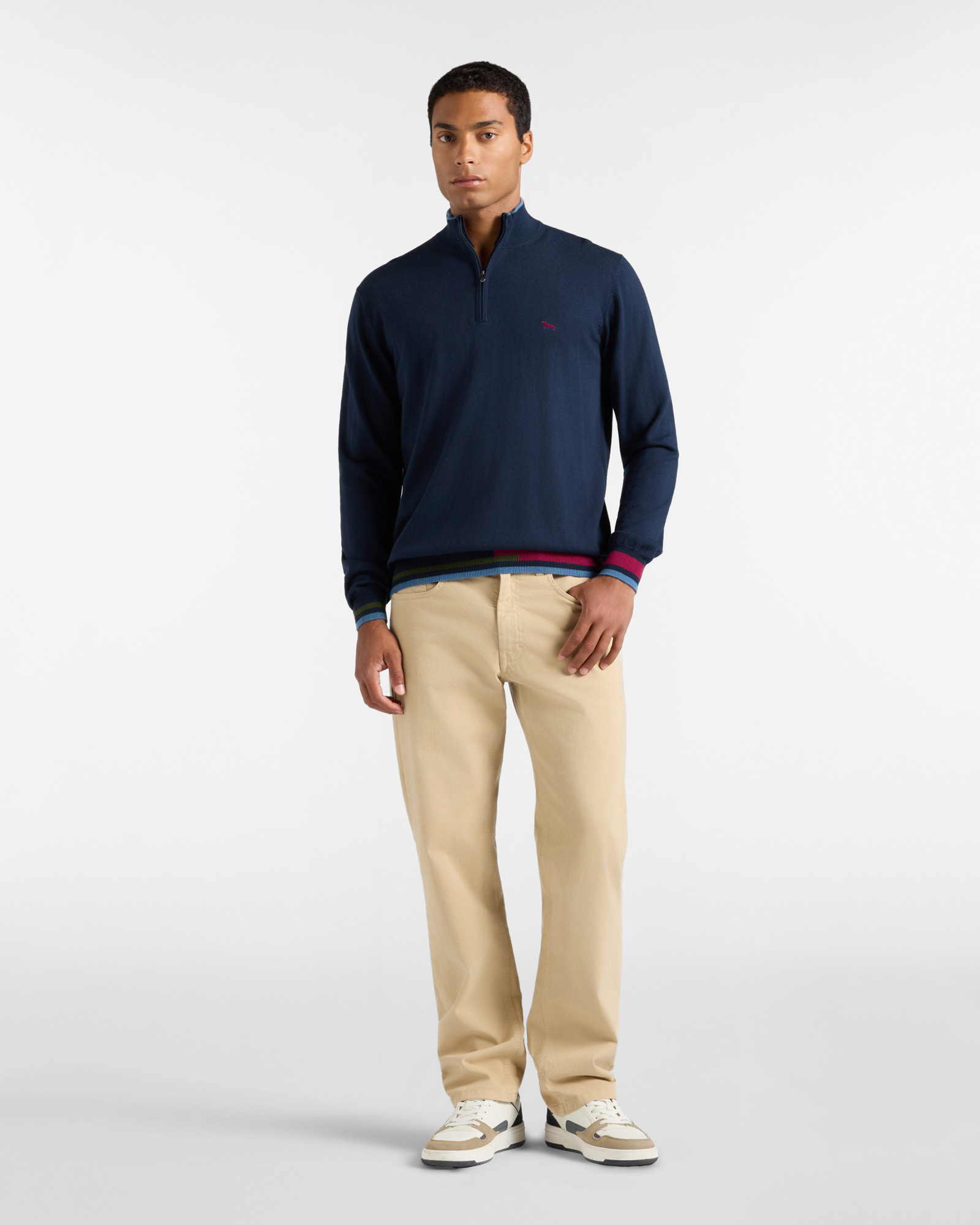 Maglia Uomo con collo alto half zip in misto lana e cotone Regular Fit, BLU NAVY, large