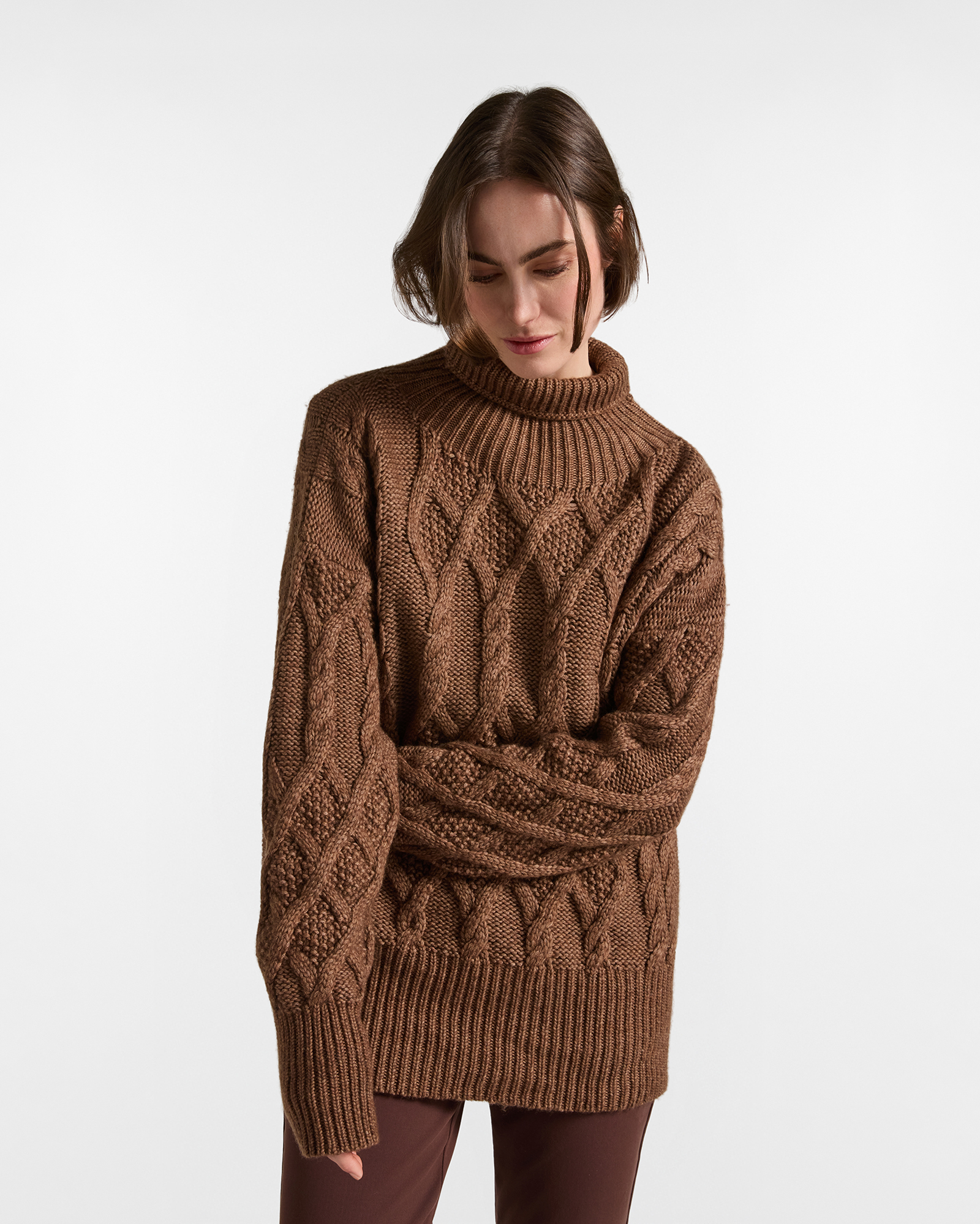 Maxi Pullover Donna con collo alto a dolcevita in misto lana con cachemire e cotone marrone Over Fit