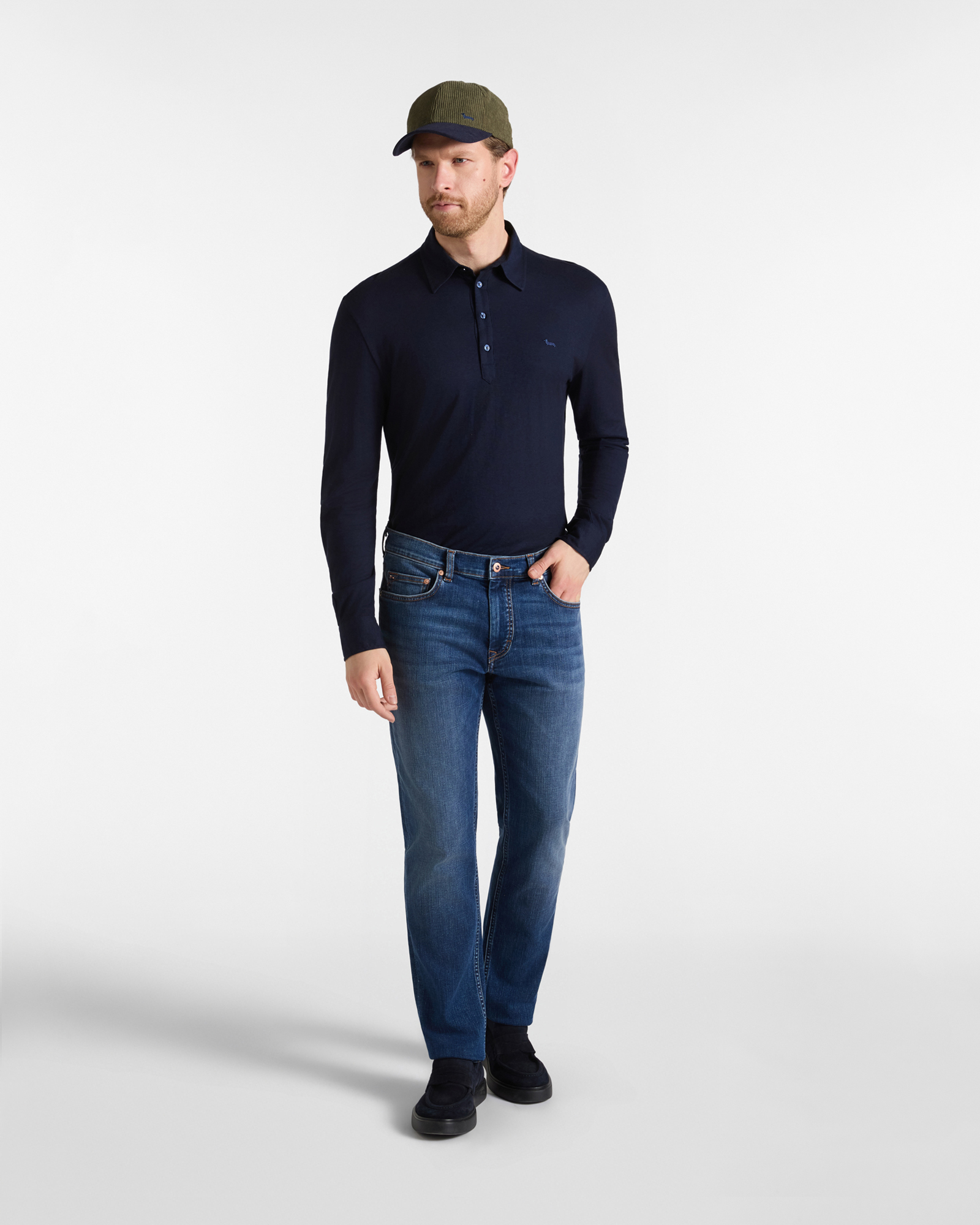 Polo da uomo manica lunga in jersey di misto cotone e Lyocell, BLU NAVY, large