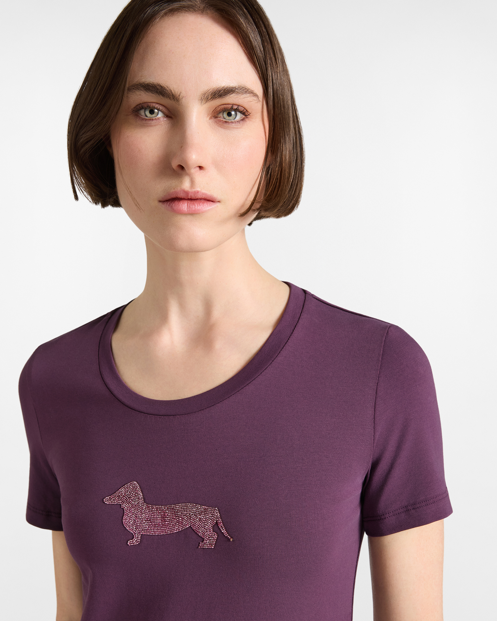 T-shirt Donna in cotone stretch  con Maxi Bassotto Glitter, VIOLA, large