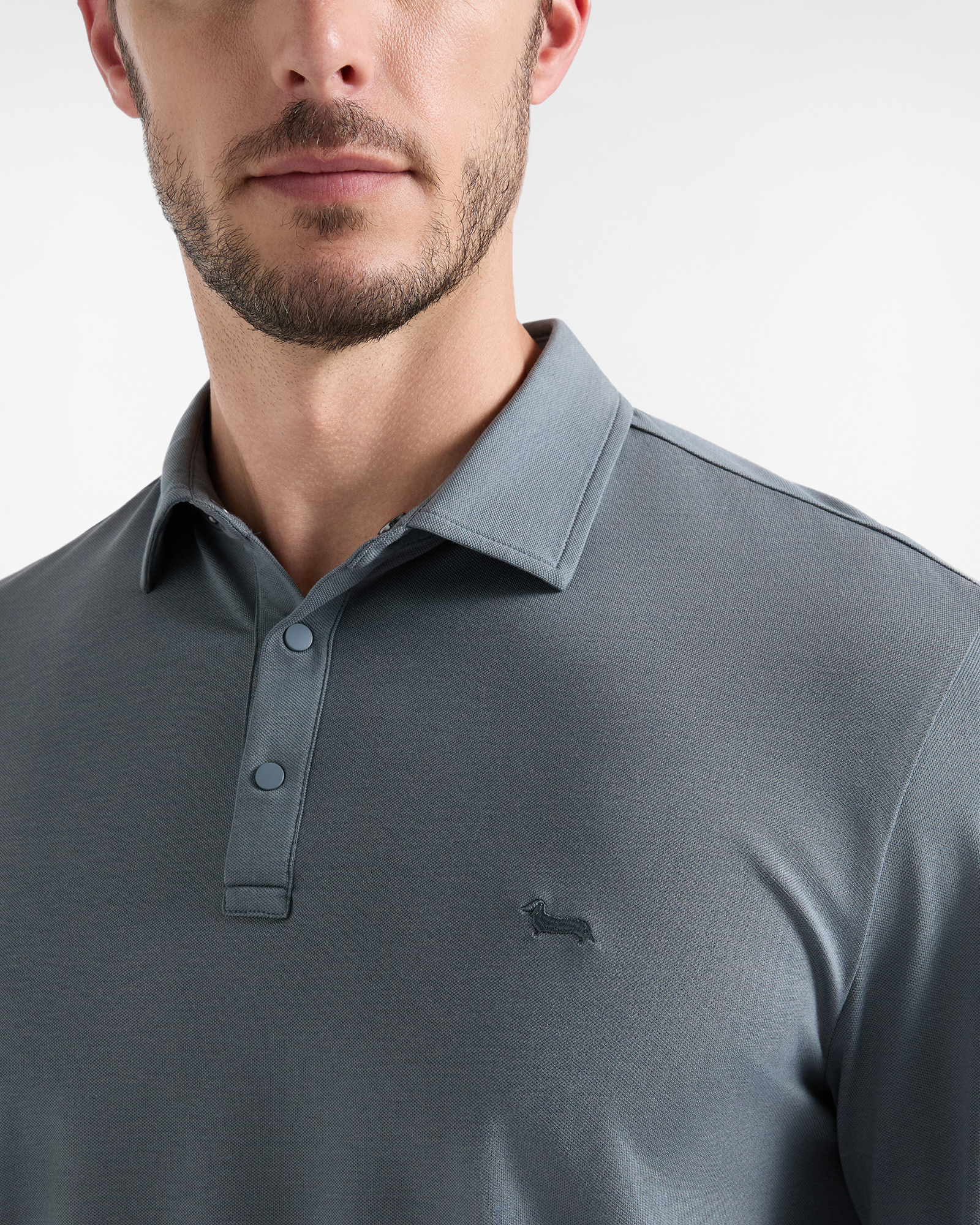 Polo da uomo manica lunga in piquet di cotone stretch grigio, GRIGIO, large
