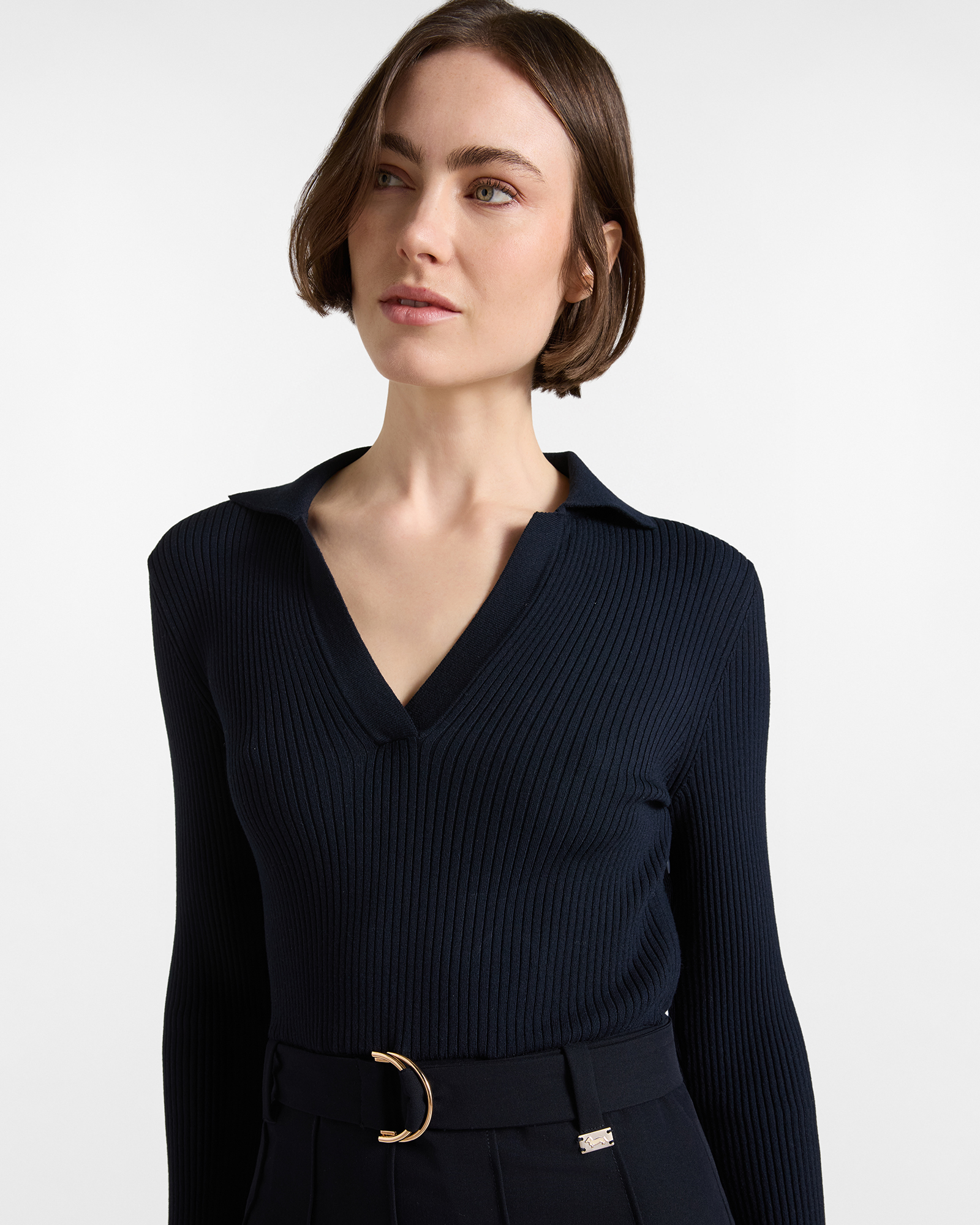 Abito Midi Donna Bimaterico con Corpino a Coste e Cintura, BLU NAVY, large