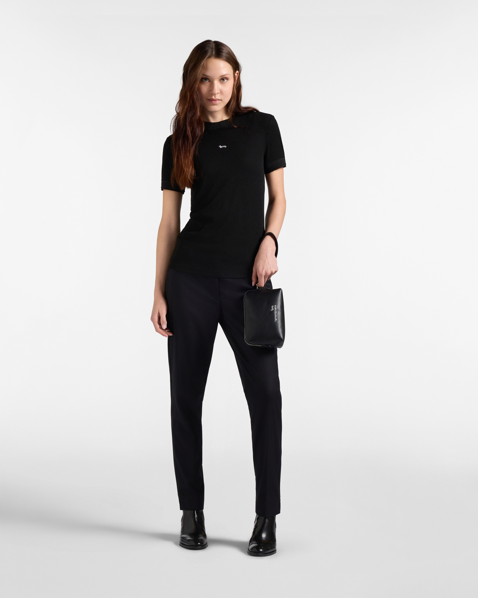 T-shirt Donna Slim in Costina Lam&eacute; con bassottino strass in nylon stretch, NERO, large