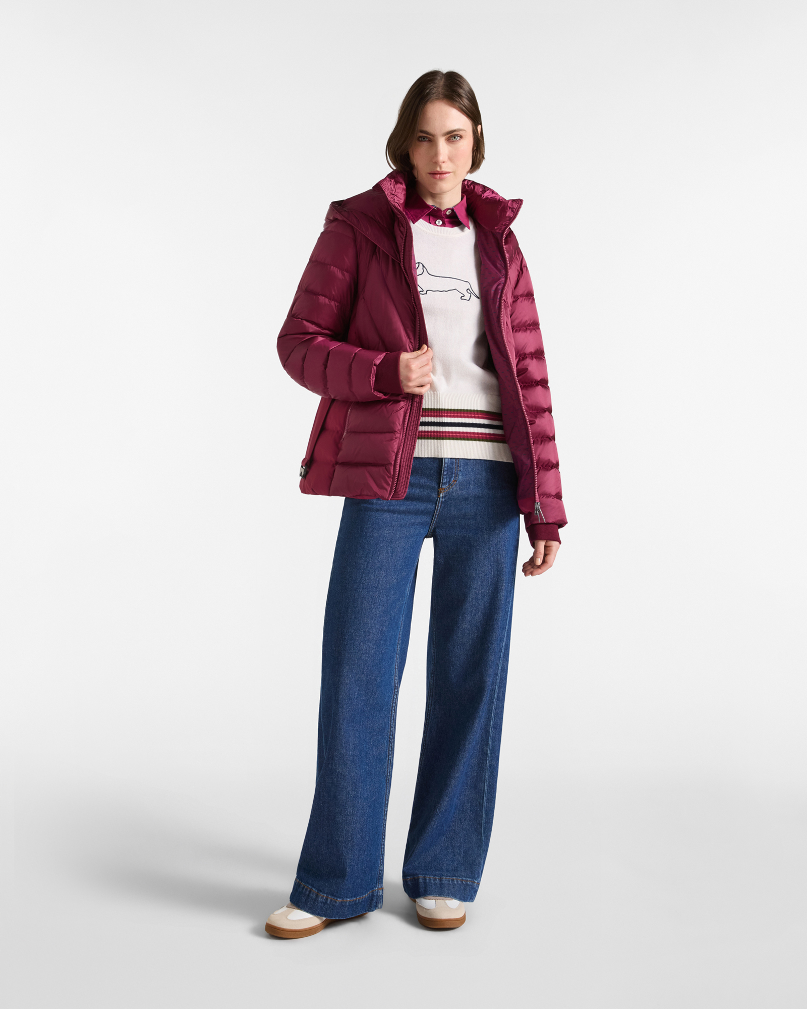 Piumino Donna in piuma con doppio collo e cappuccio in nylon tecnico, CICLAMINO, large