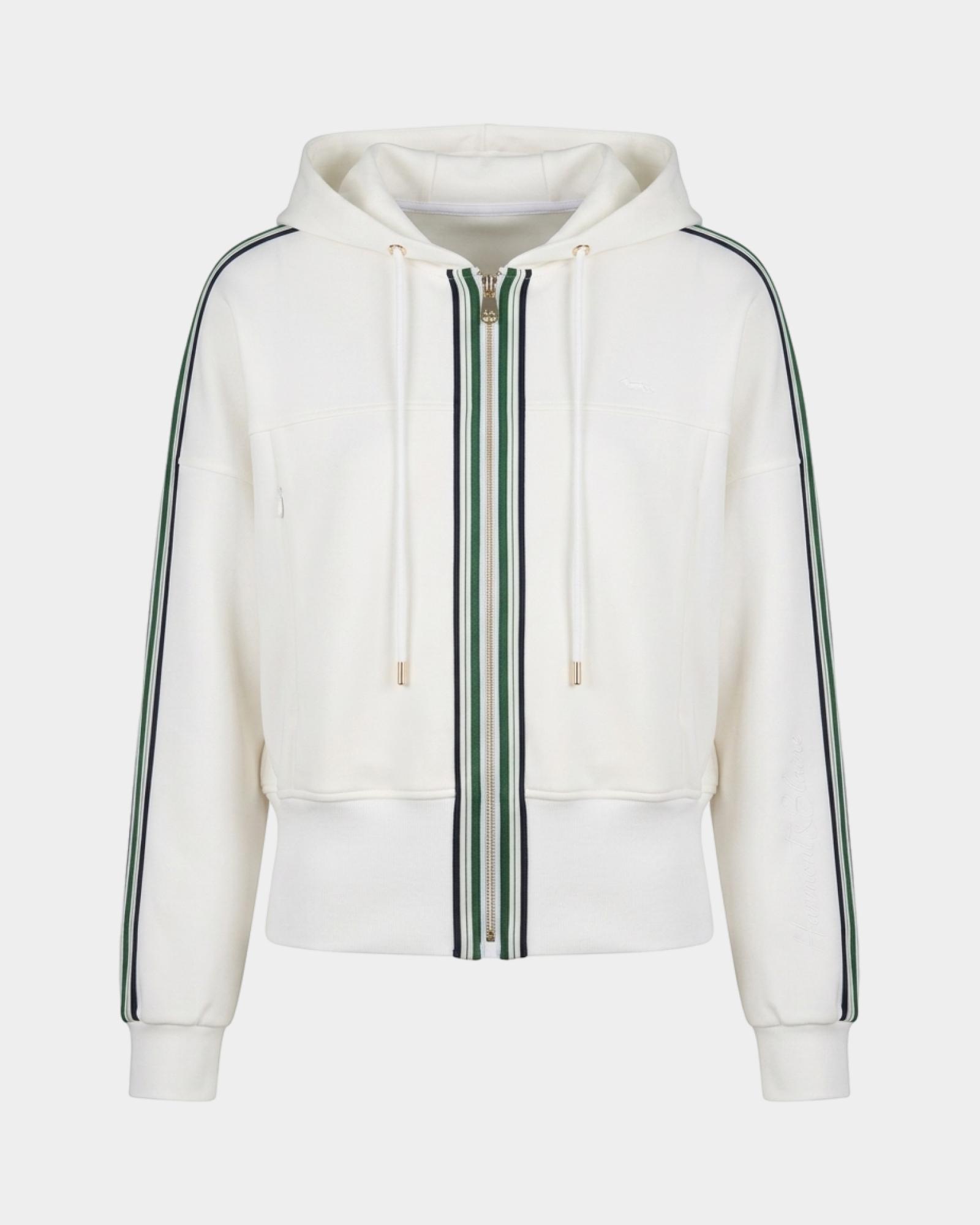 Felpa Donna full zip con cappuccio bianca e bande rigate, BIANCO, large