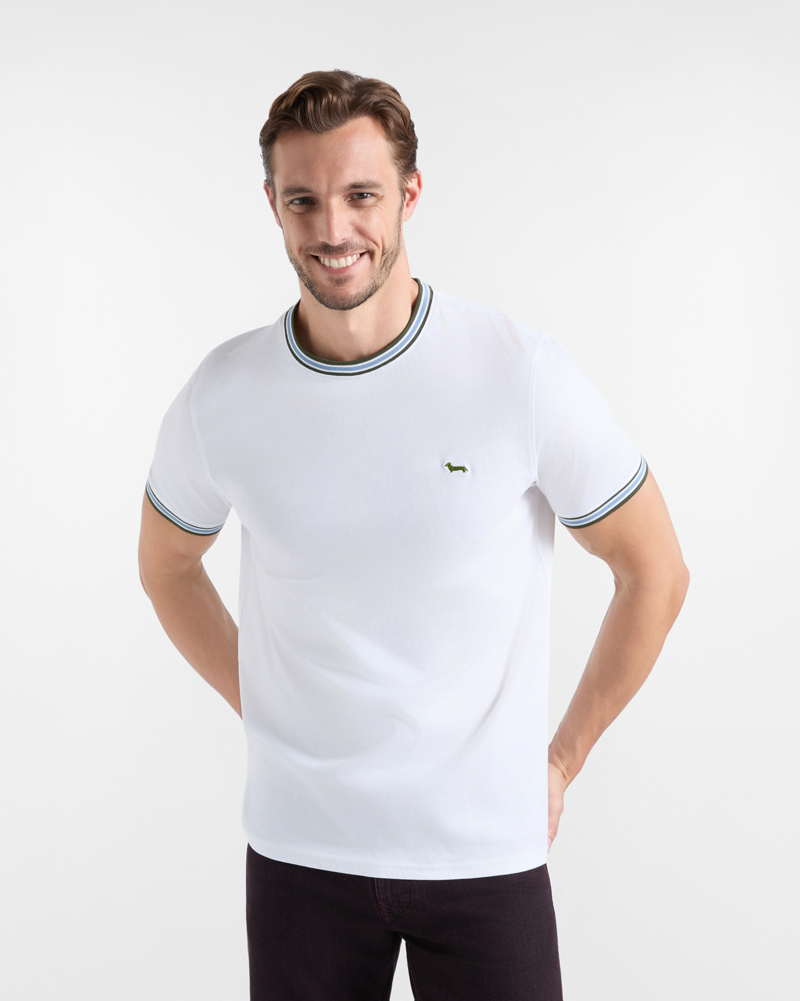 T-shirt Uomo con girocollo a costine rigate in 100% puro cotone bianco Regular Fit