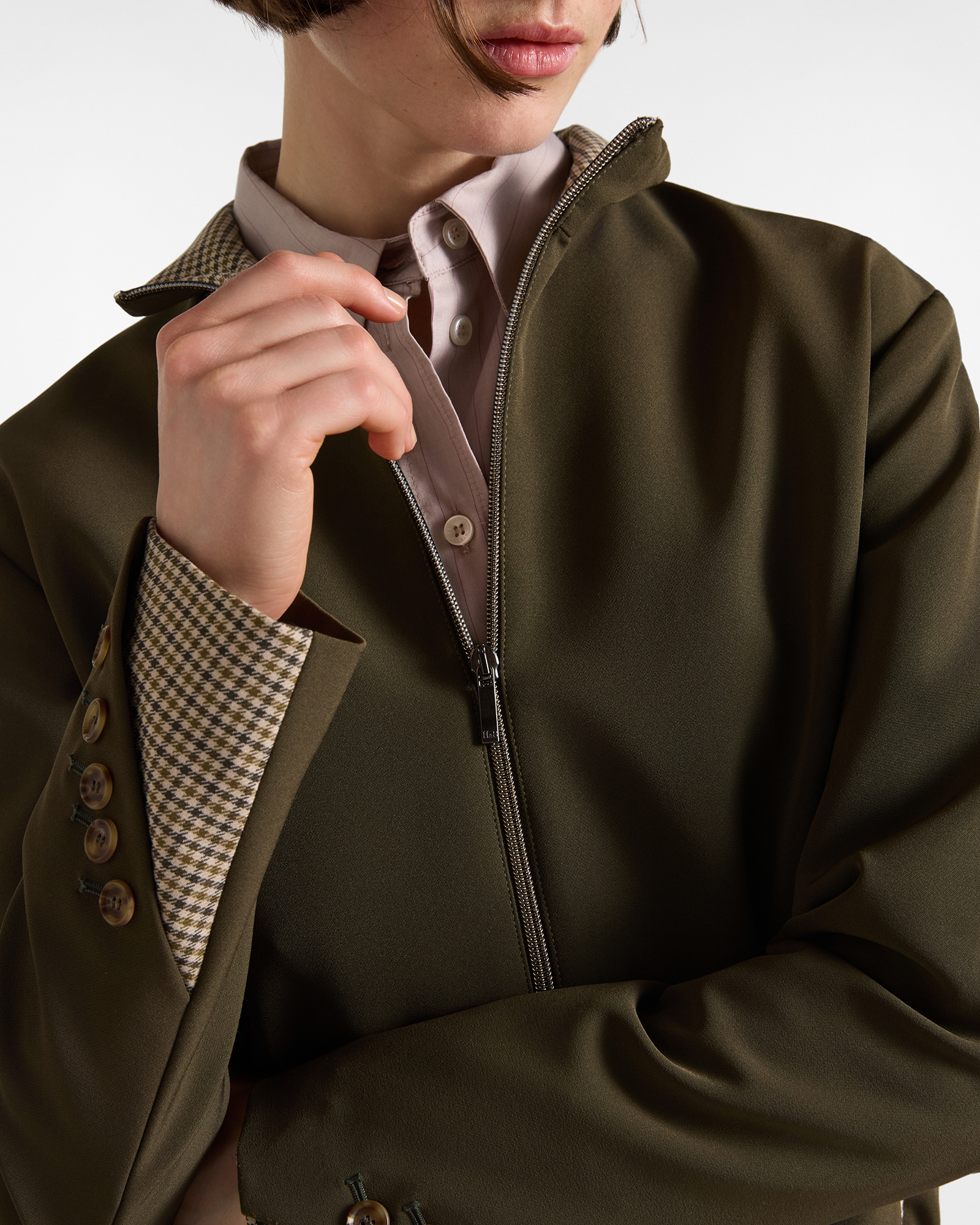 Bomber da donna in tessuto cady tecnico con inserti vichy Made in Italy, VERDE MILITARE, large